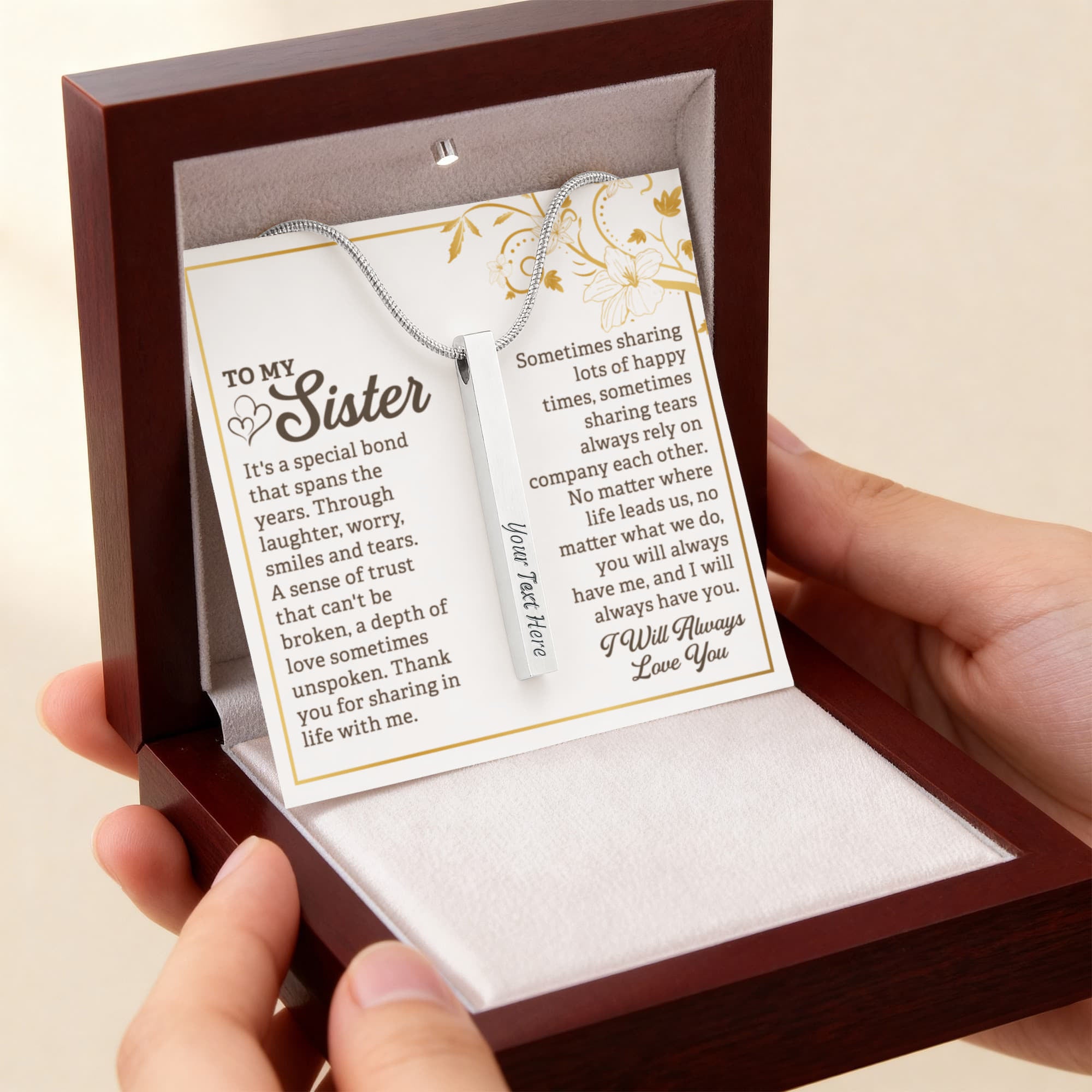 To My Sister Always Love You 4-Sided Engraved Stick Necklace