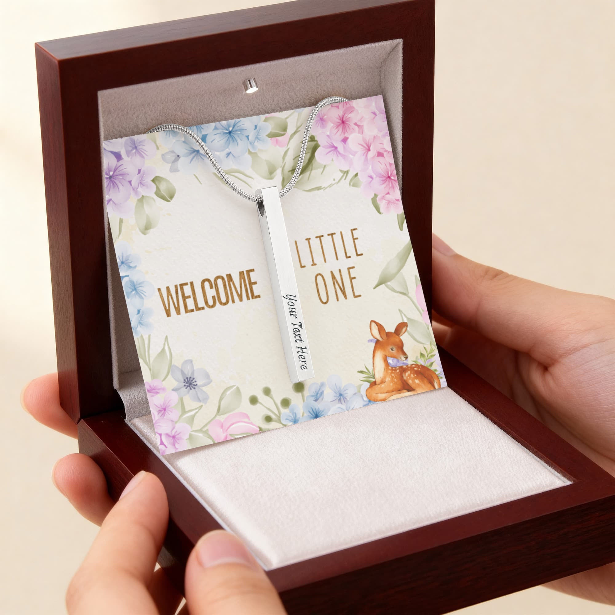 Welcome Little One Personalised 4-Sided Engraved Stick Necklace