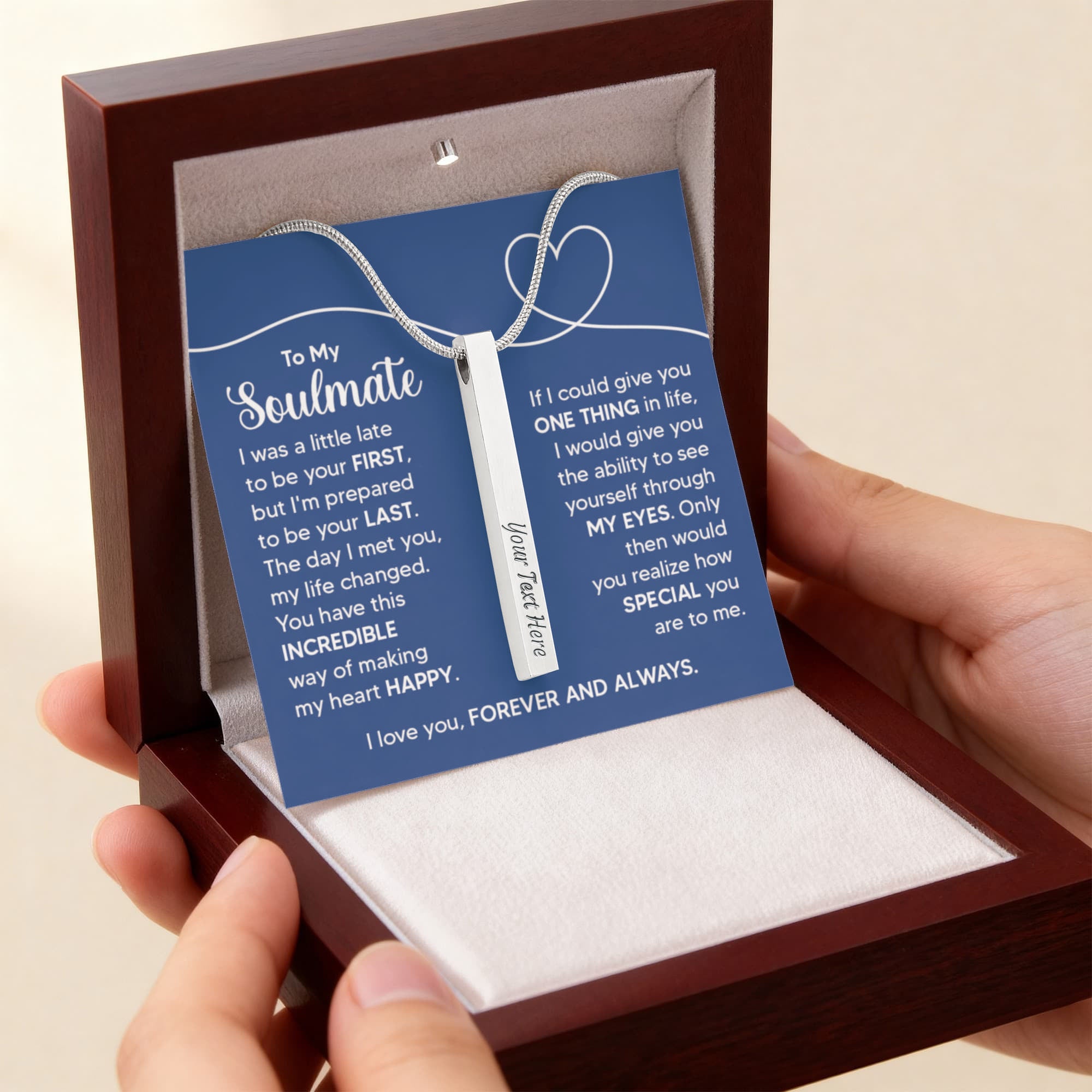 To My Soulmate Forever and Always 4-Sided Engraved Stick Necklace