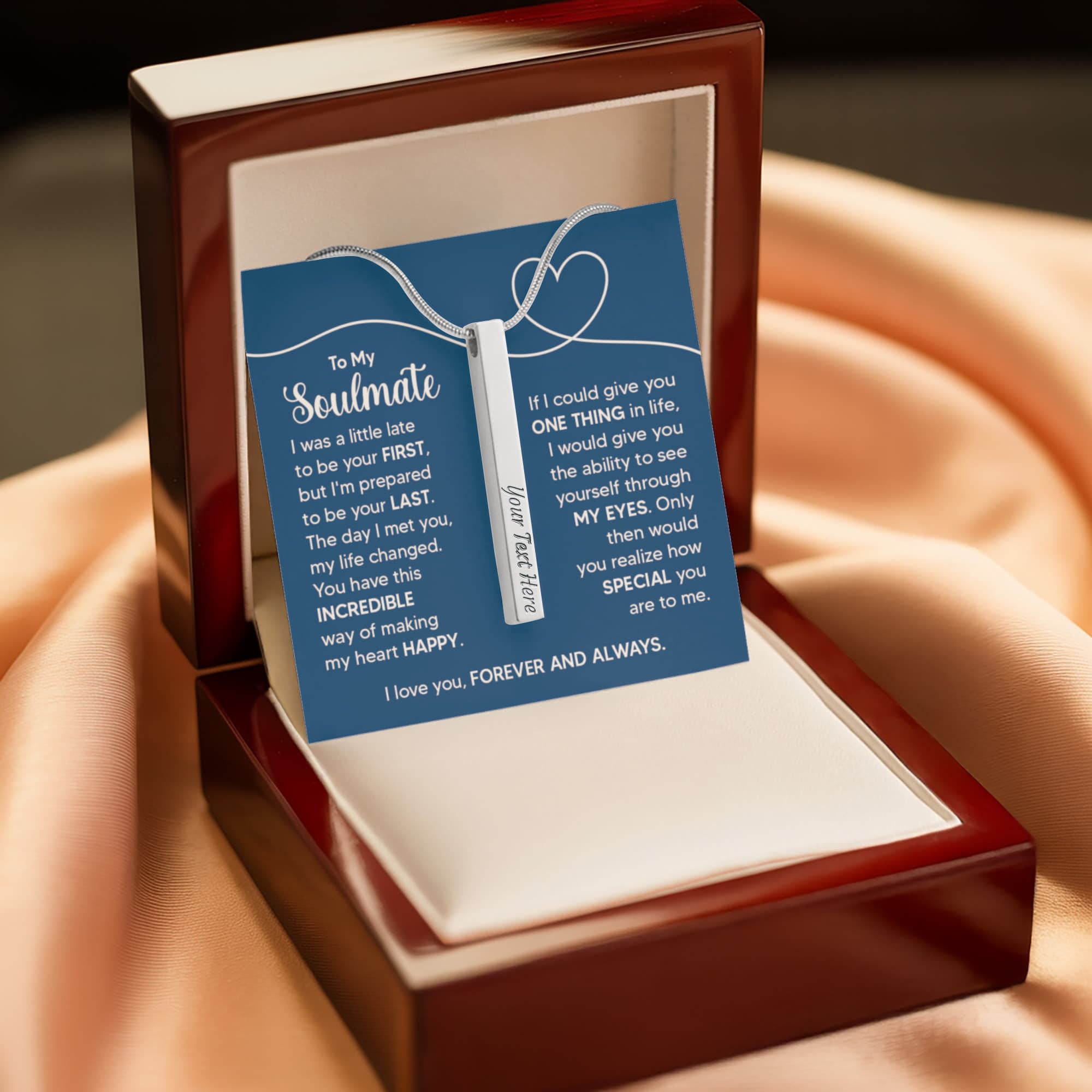 To My Soulmate Forever and Always 4-Sided Engraved Stick Necklace