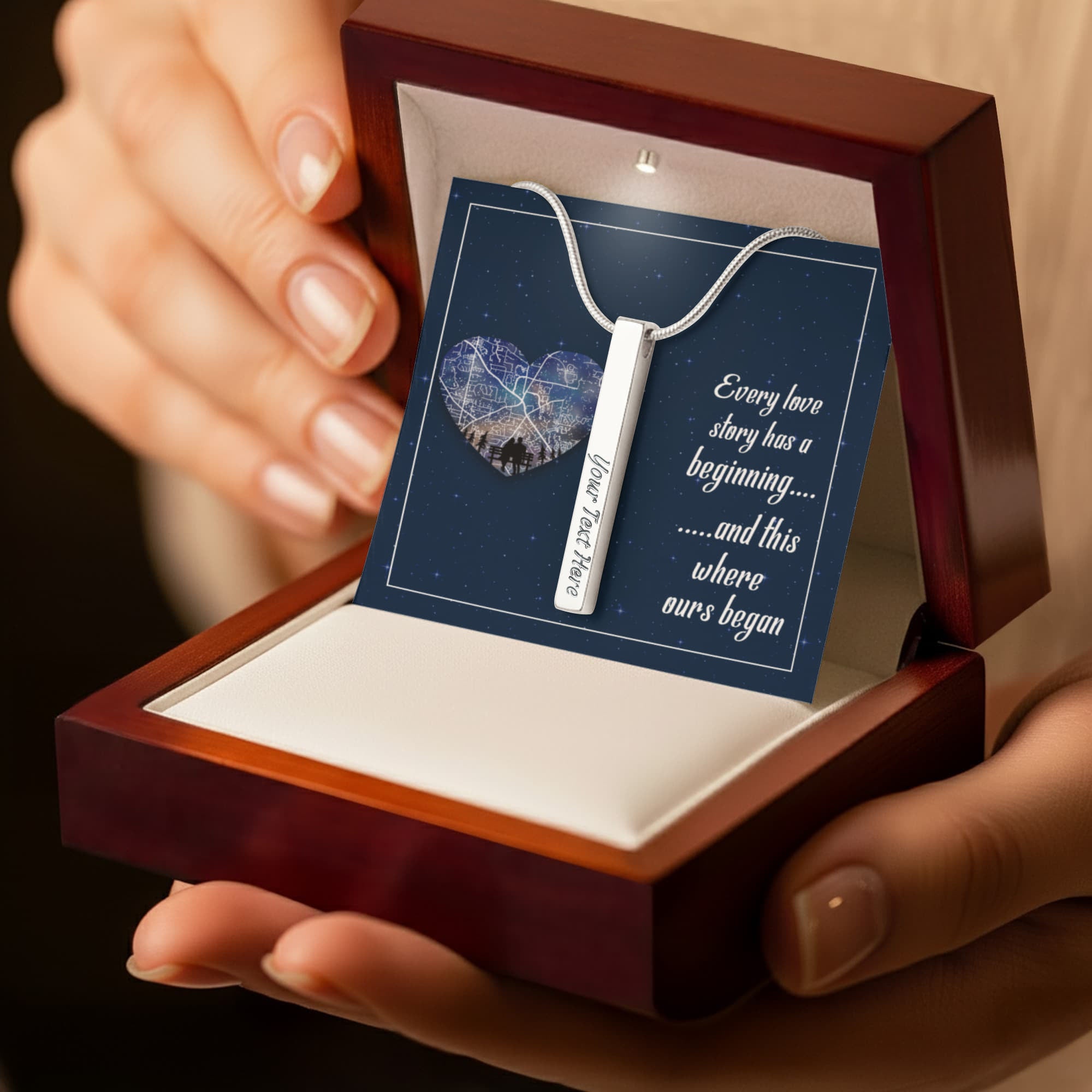 Where Our Love Story Began 4-Sided Engraved Stick Necklace