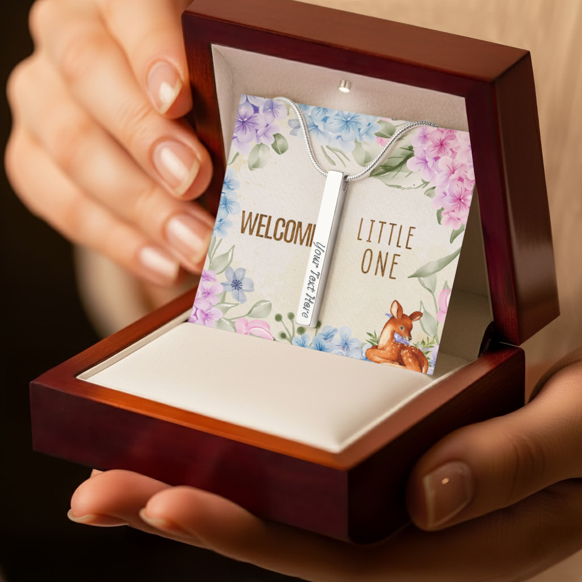 Welcome Little One Personalised 4-Sided Engraved Stick Necklace