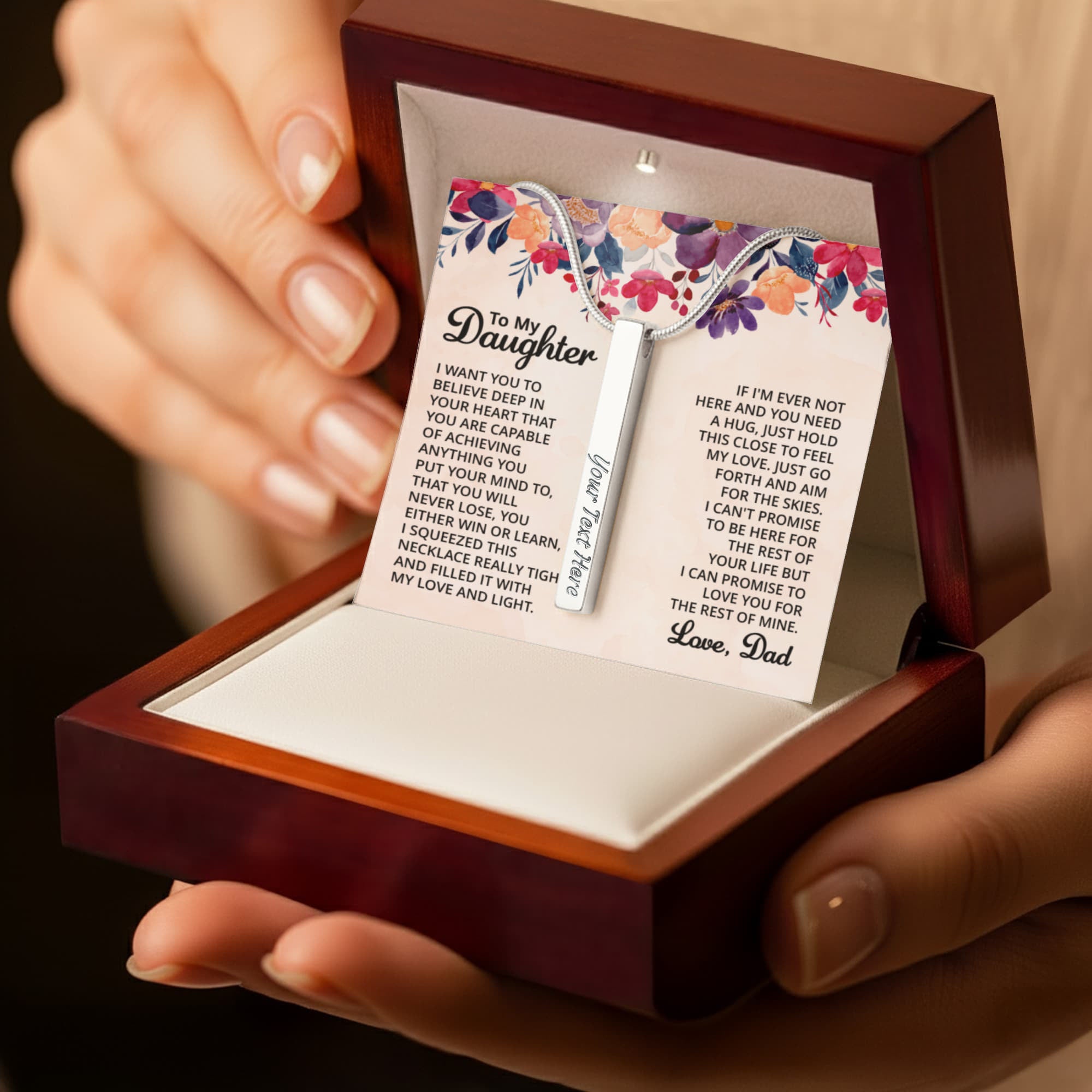To My Daughter Believe in Yourself 4-Sided Engraved Stick Necklace