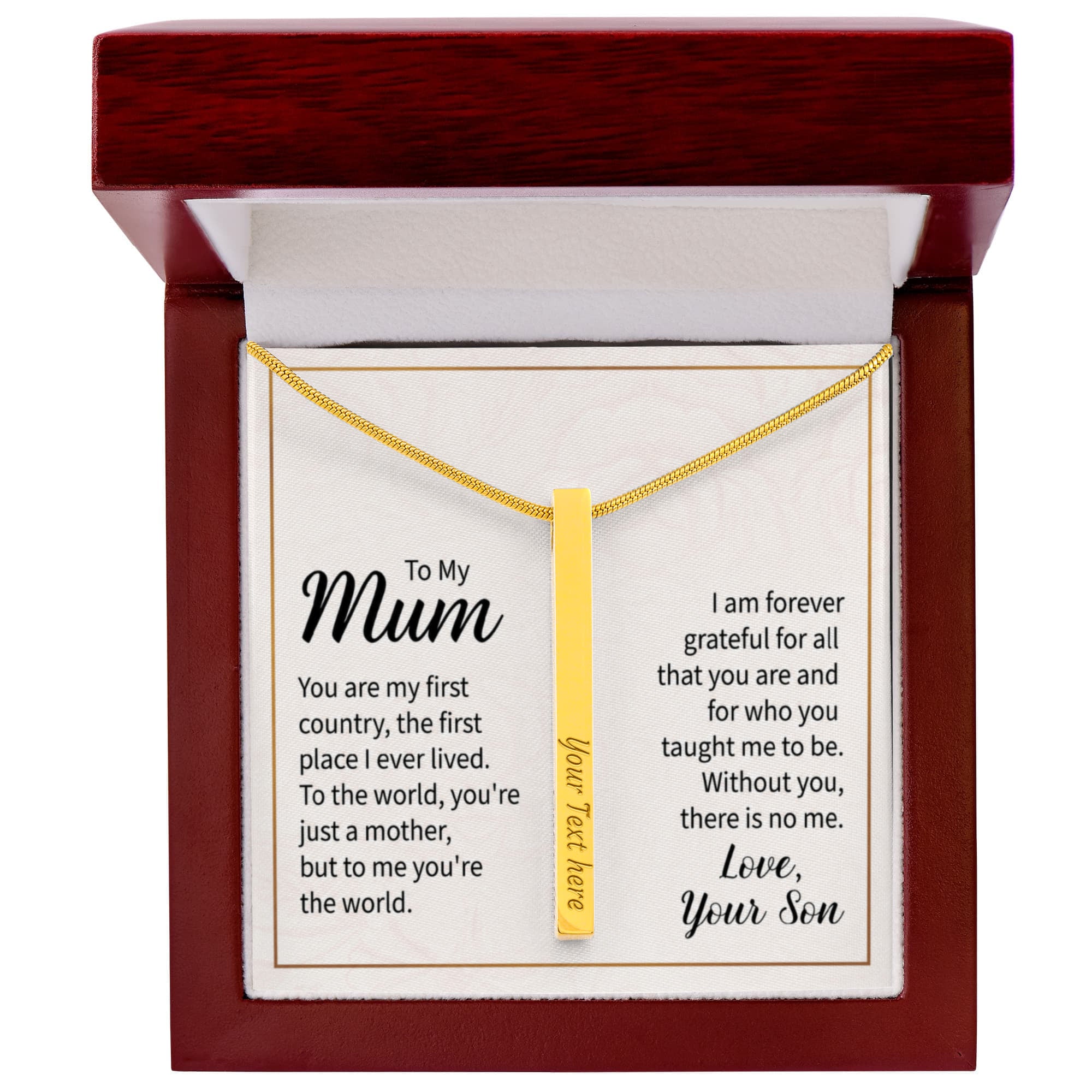 To My Mum You Are My World 4-Sided Engraved Stick Necklace