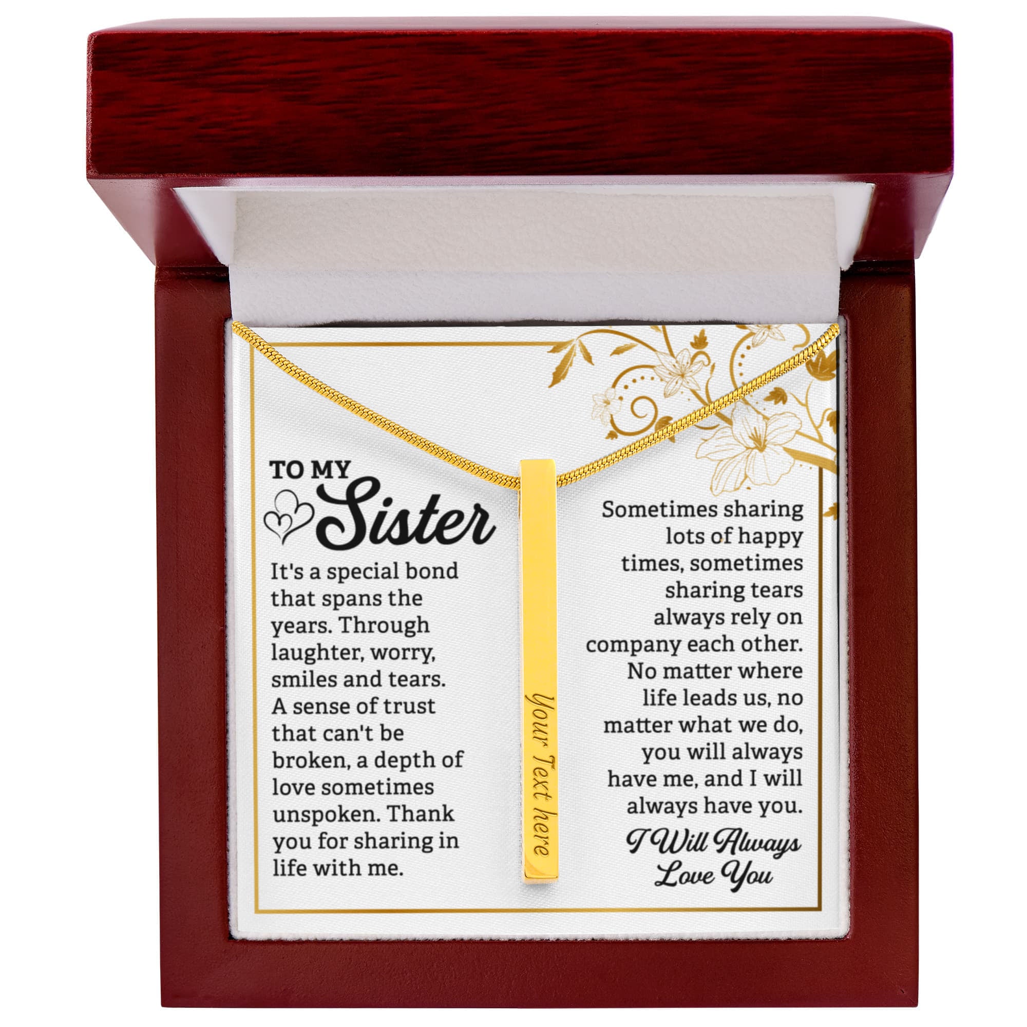 To My Sister Always Love You 4-Sided Engraved Stick Necklace