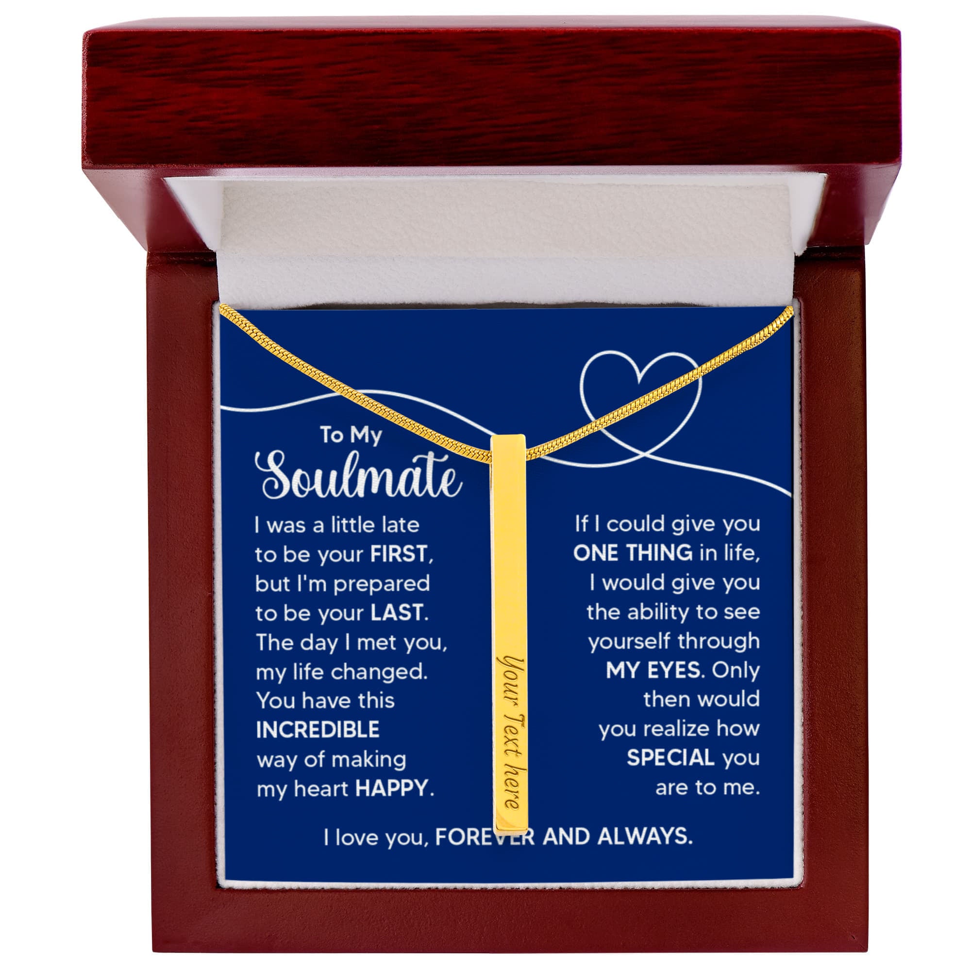 To My Soulmate Forever and Always 4-Sided Engraved Stick Necklace