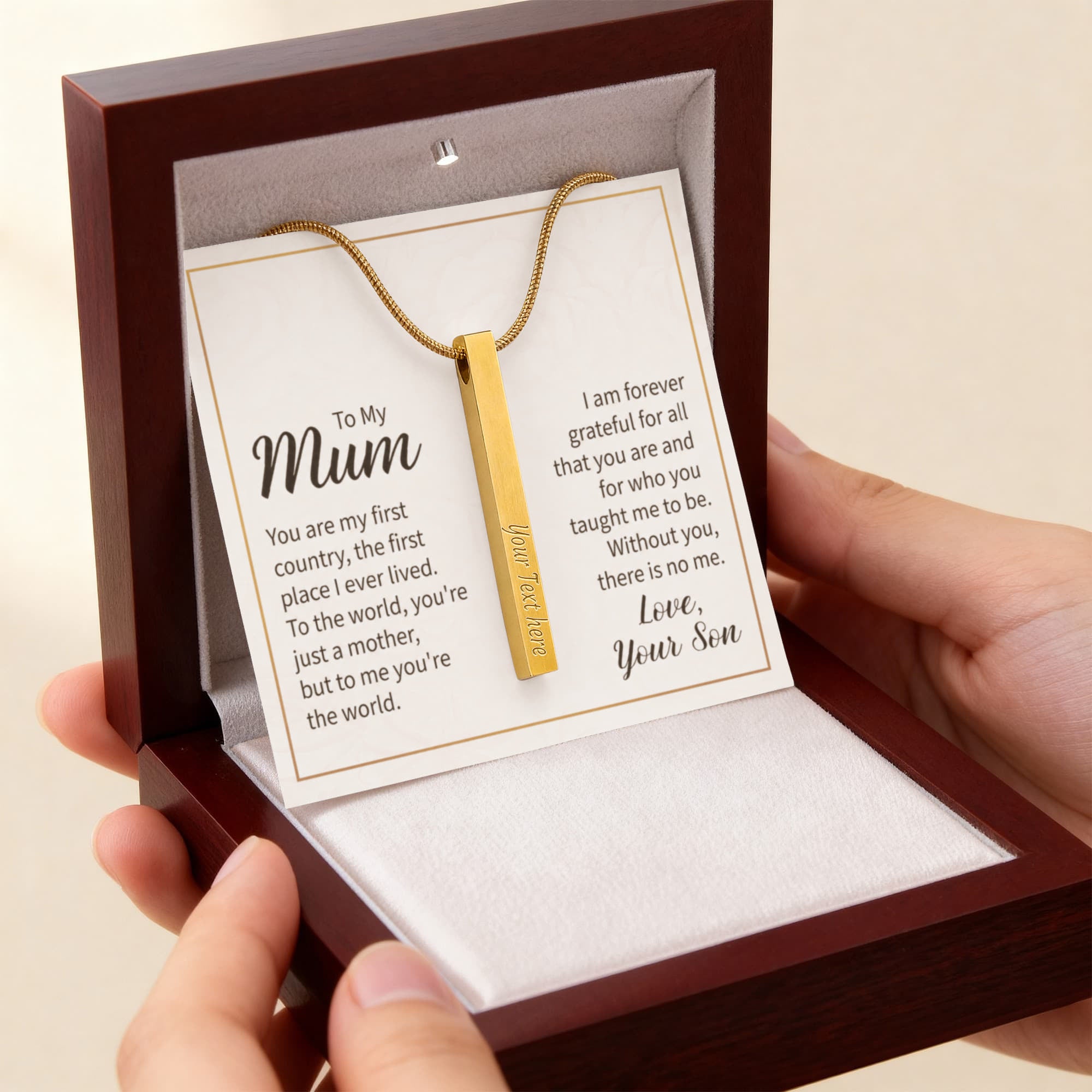 To My Mum You Are My World 4-Sided Engraved Stick Necklace