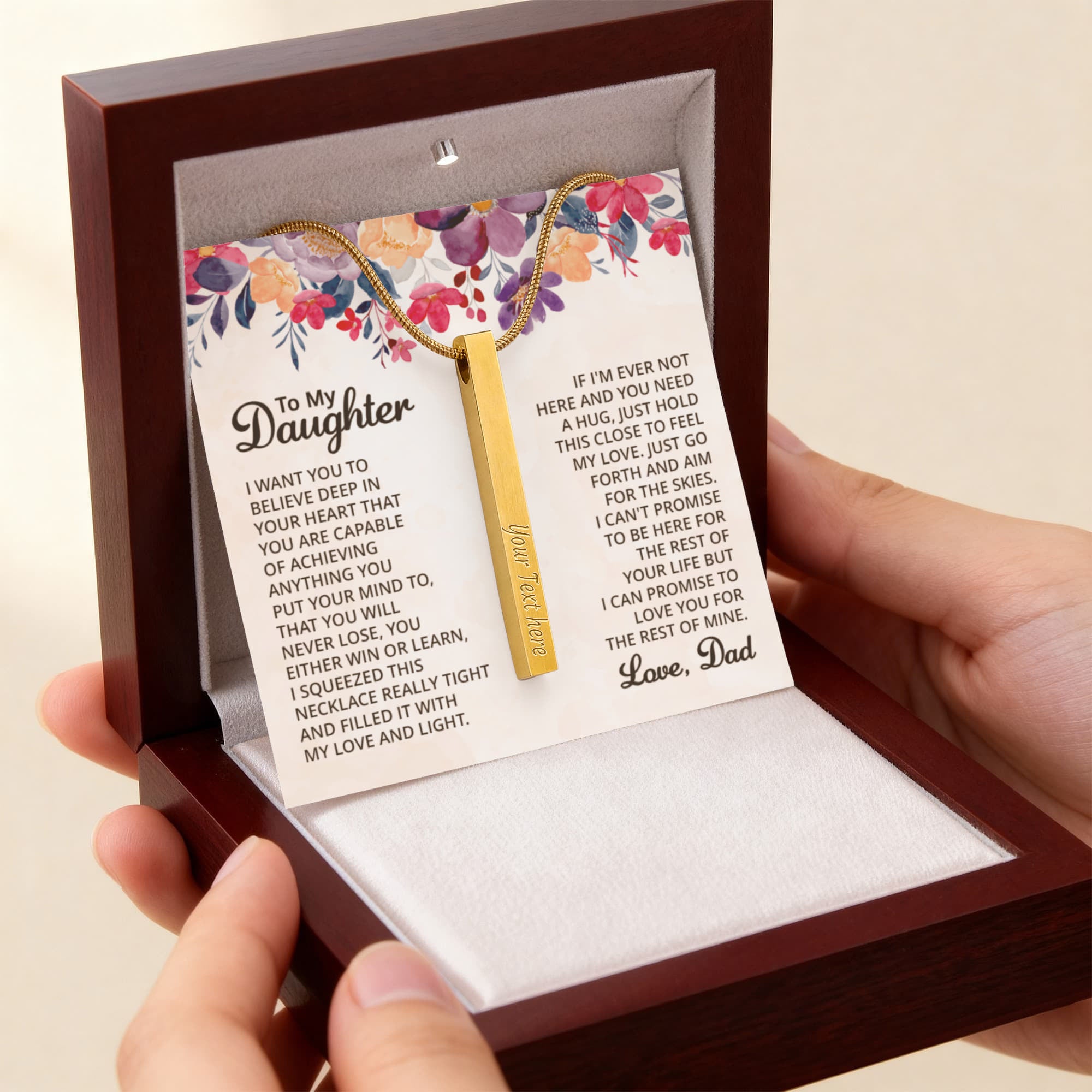 To My Daughter Believe in Yourself 4-Sided Engraved Stick Necklace