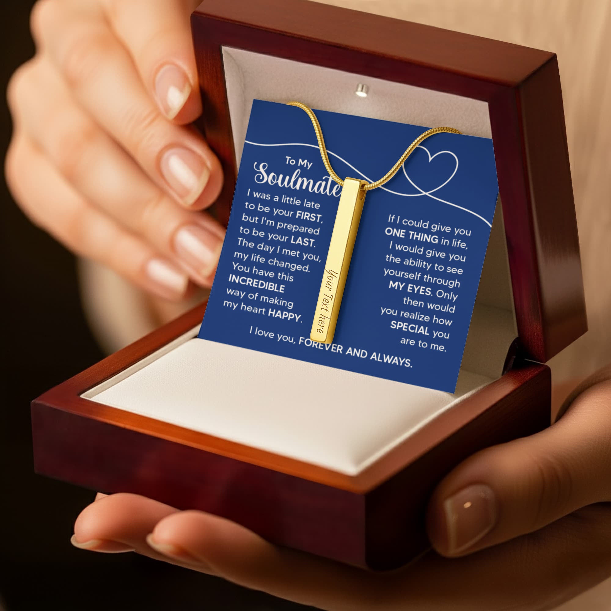 To My Soulmate Forever and Always 4-Sided Engraved Stick Necklace