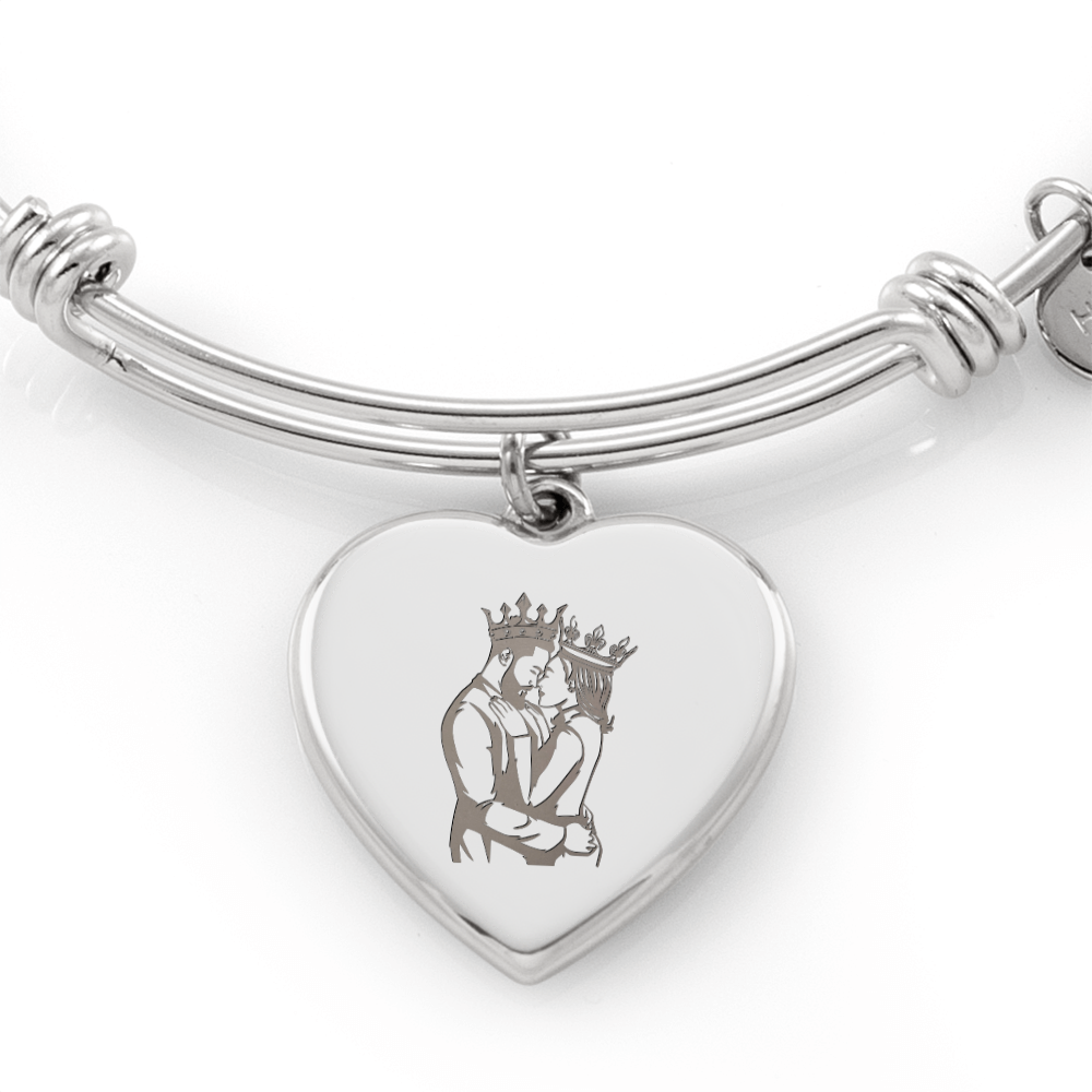 King and Queen Couple Engraved Heart Bangle