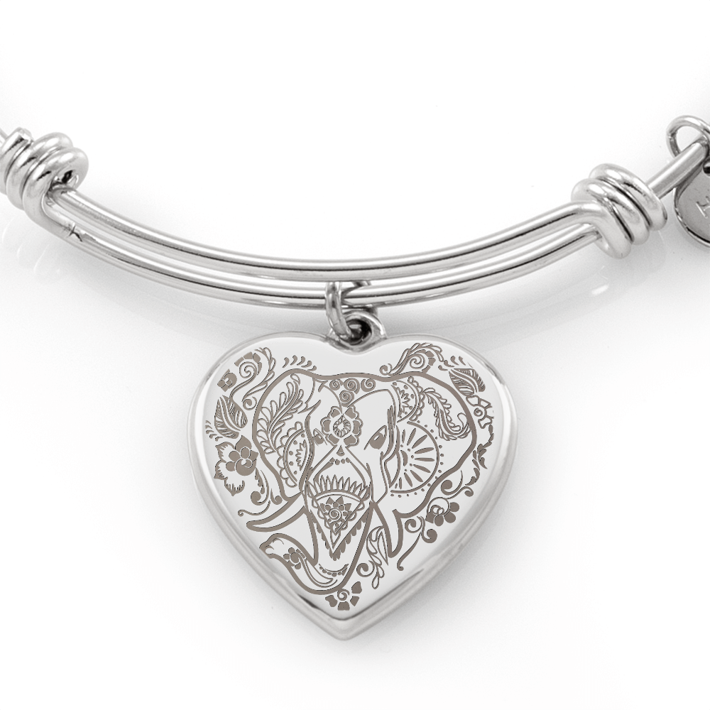 Ornate Elephant Engraved Heart Bangle