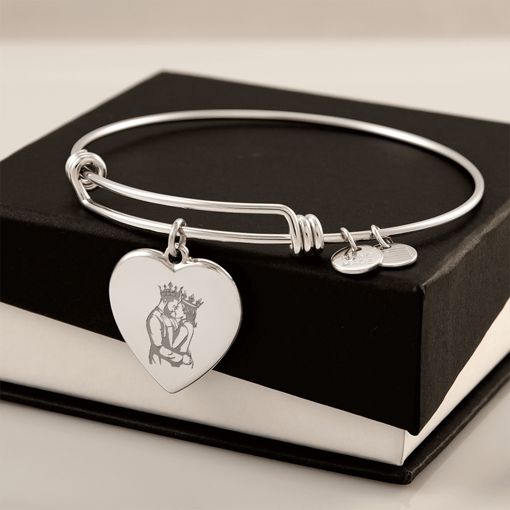 King and Queen Couple Engraved Heart Bangle