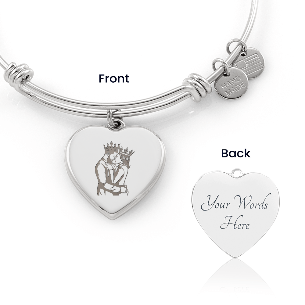 King and Queen Couple Engraved Heart Bangle