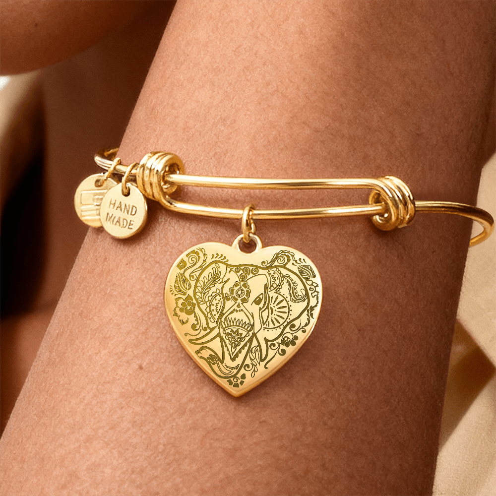 Ornate Elephant Engraved Heart Bangle