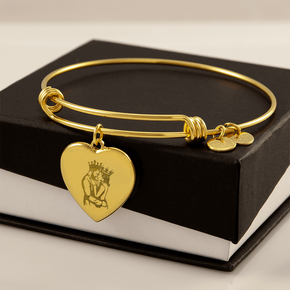 King and Queen Couple Engraved Heart Bangle
