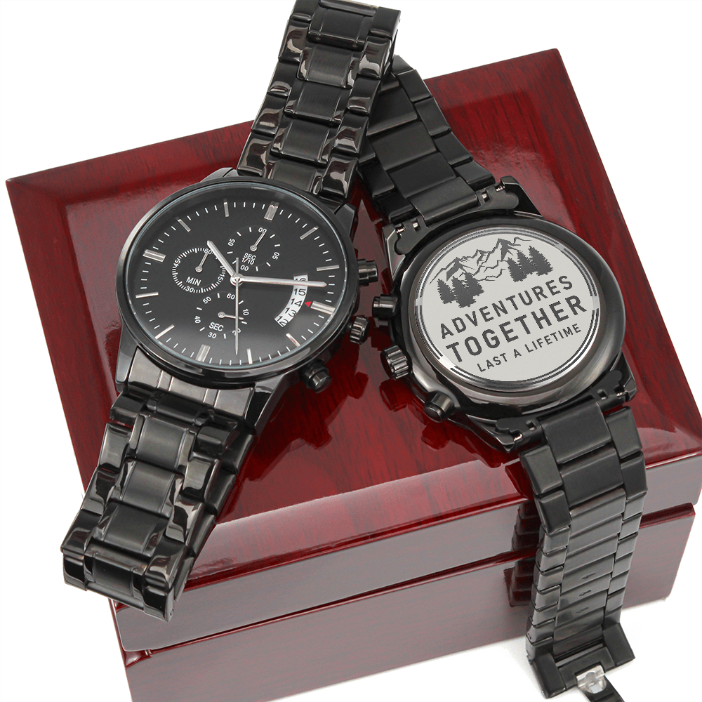 Adventures Together Engraved Black Chronograph Watch