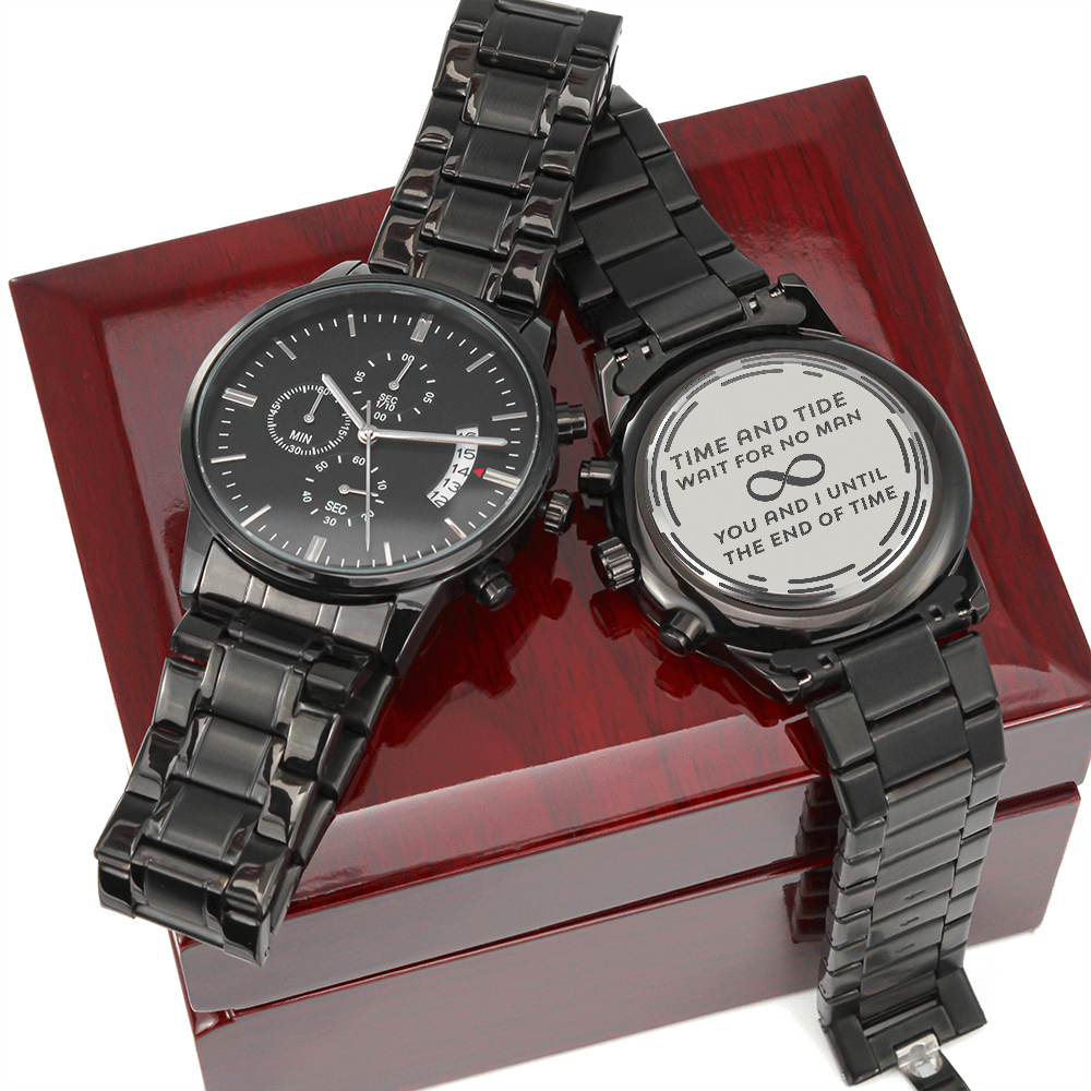 Until the End of Time Engraved Black Chronograph Watch