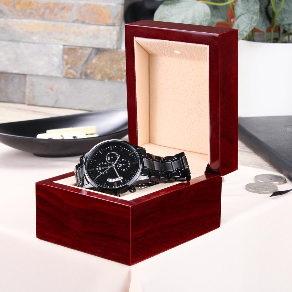 Adventures Together Engraved Black Chronograph Watch