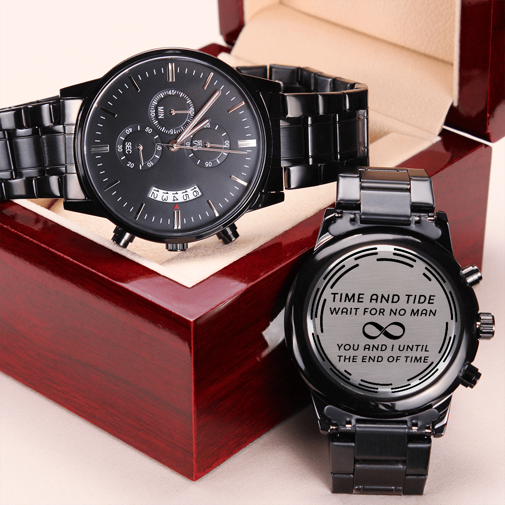 Until the End of Time Engraved Black Chronograph Watch