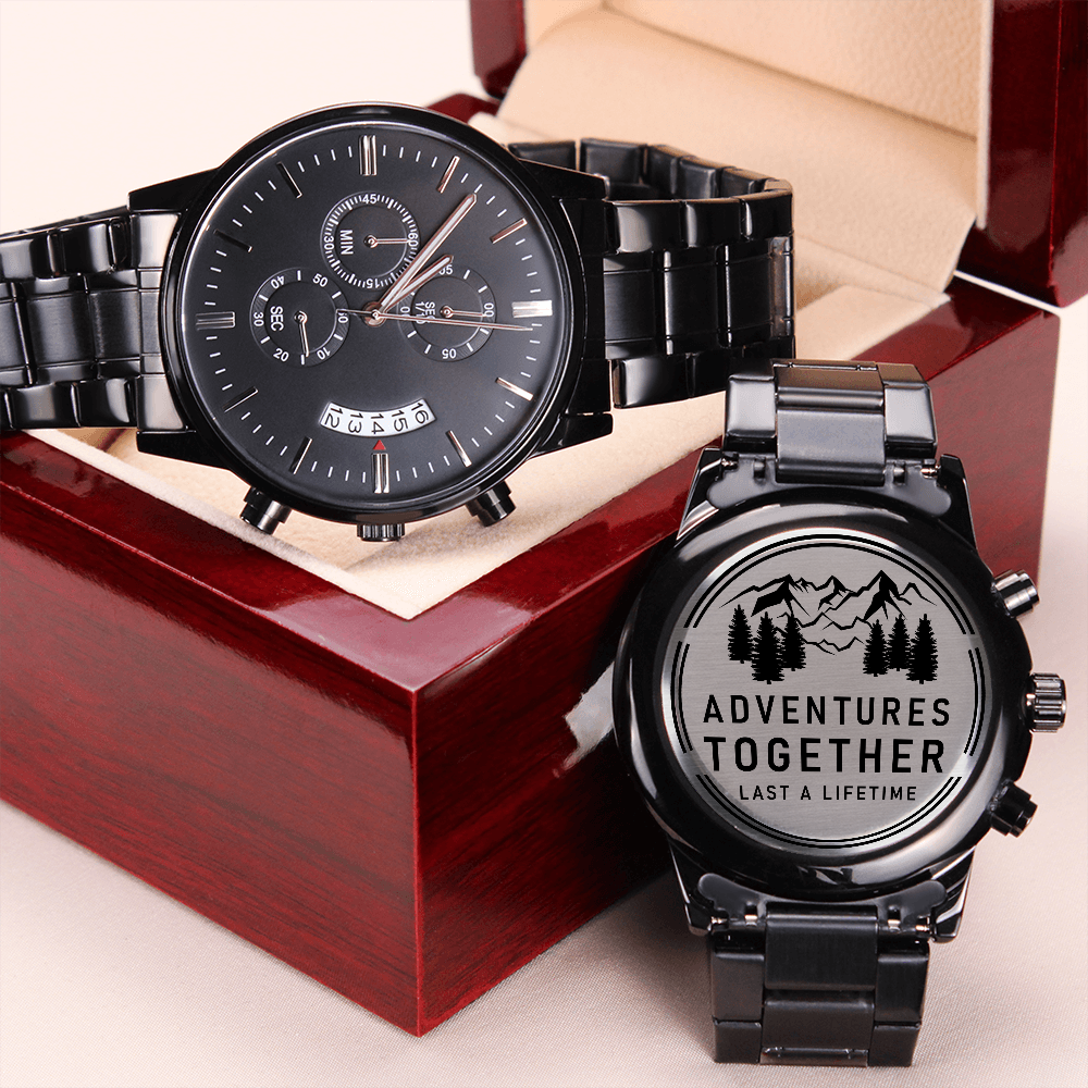 Adventures Together Engraved Black Chronograph Watch