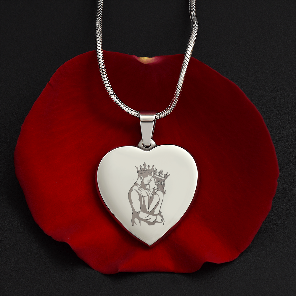 King and Queen Couple Engraved Heart Necklace
