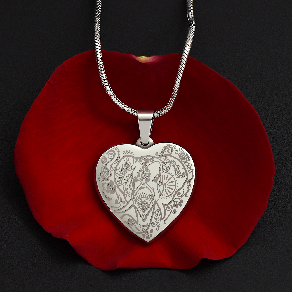 Ornate Elephant Engraved Heart Necklace