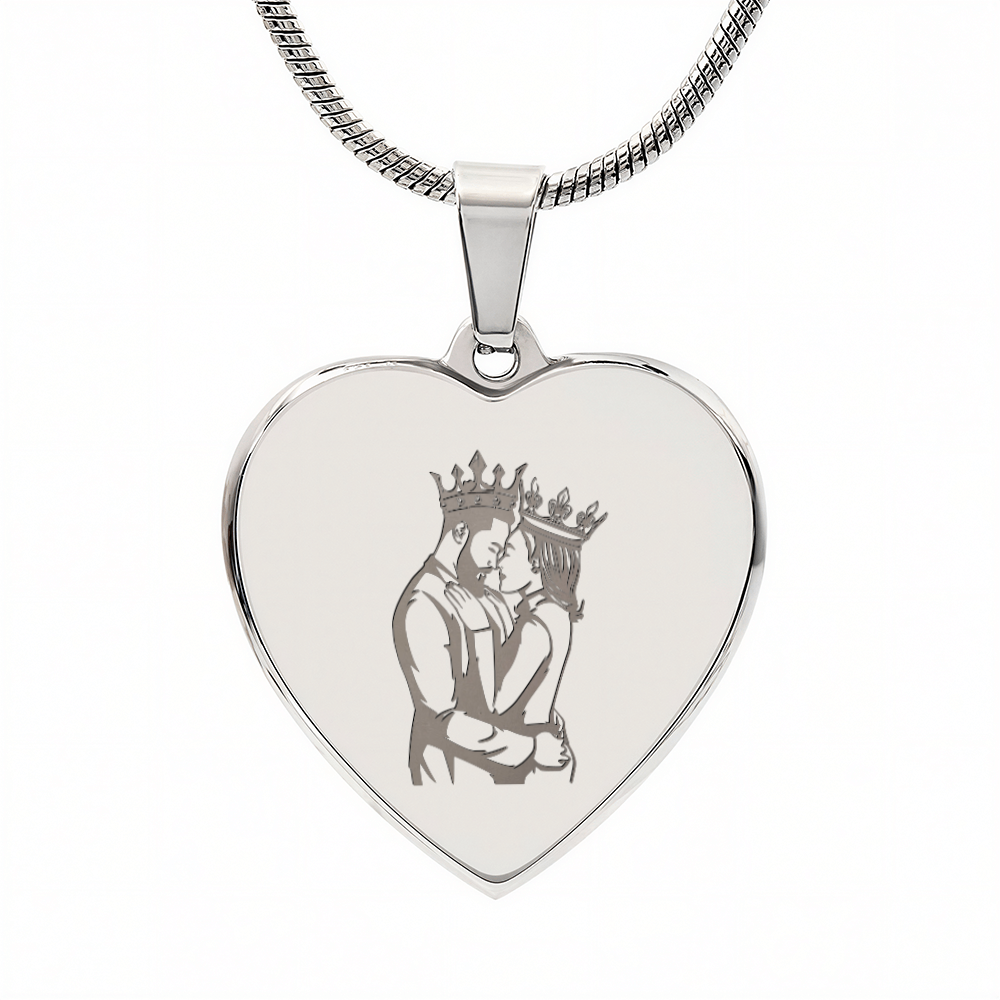 King and Queen Couple Engraved Heart Necklace