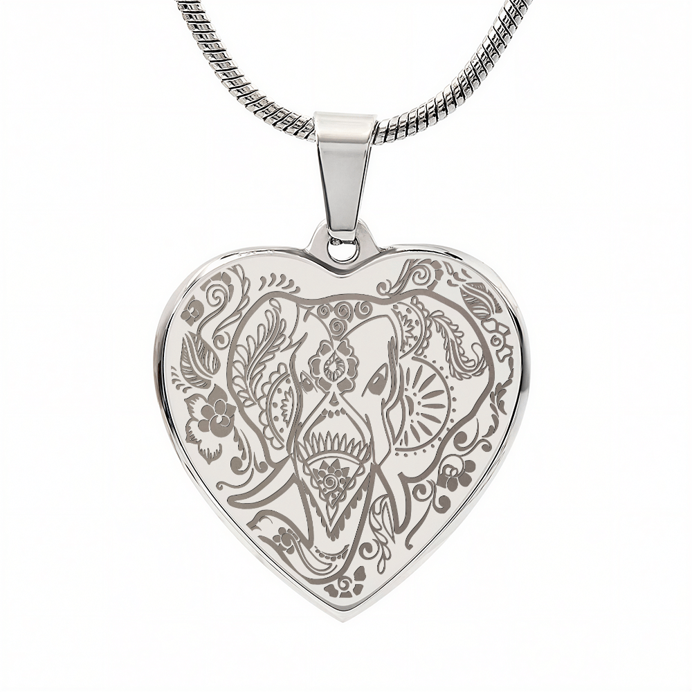 Ornate Elephant Engraved Heart Necklace