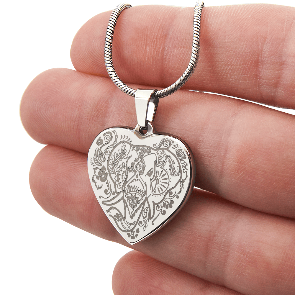 Ornate Elephant Engraved Heart Necklace