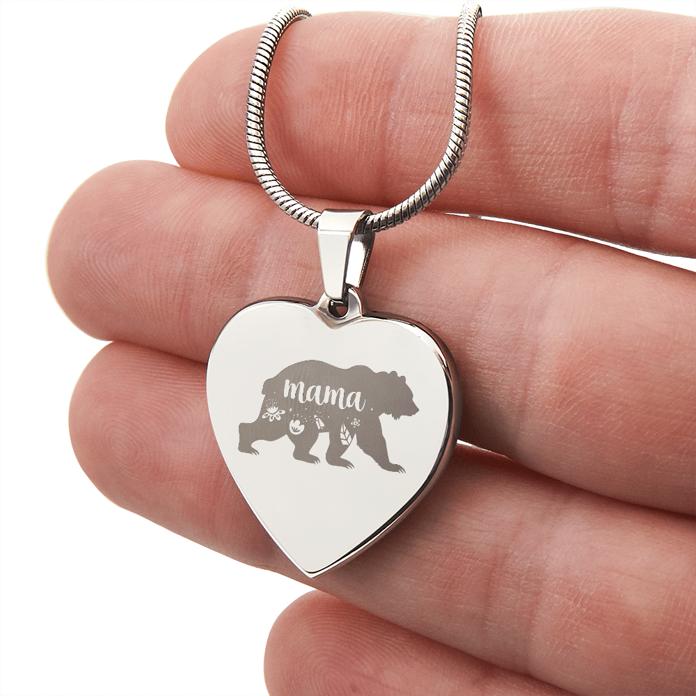 Mama Bear Engraved Heart Necklace