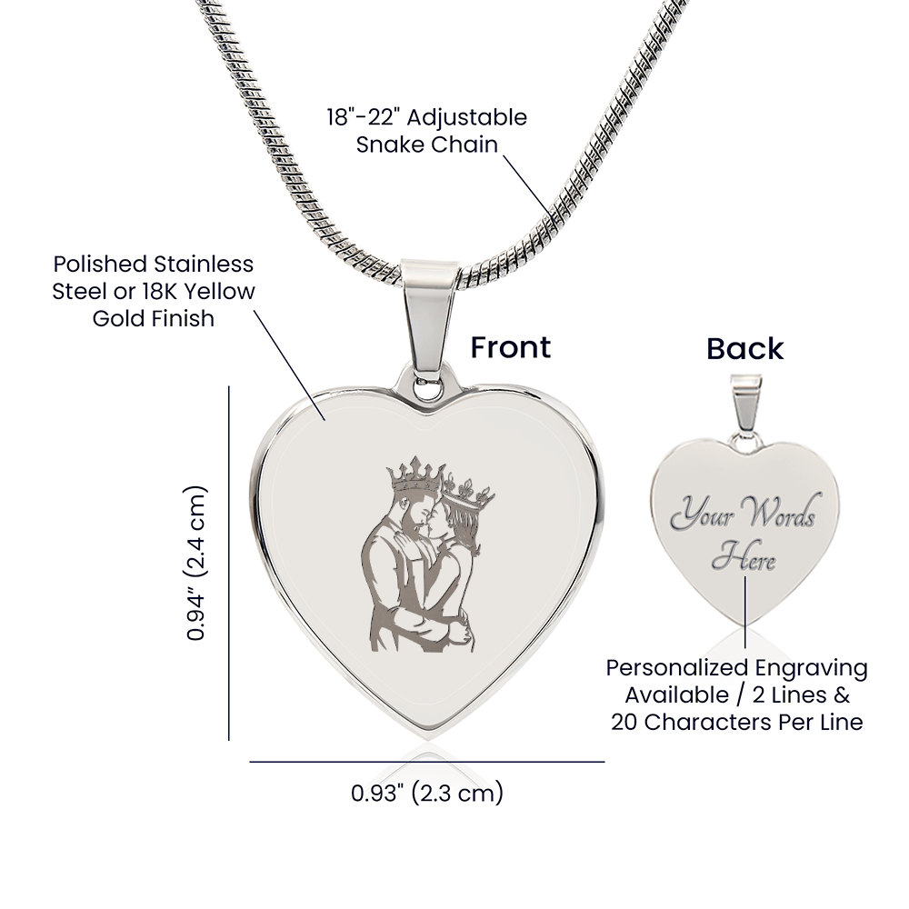 King and Queen Couple Engraved Heart Necklace