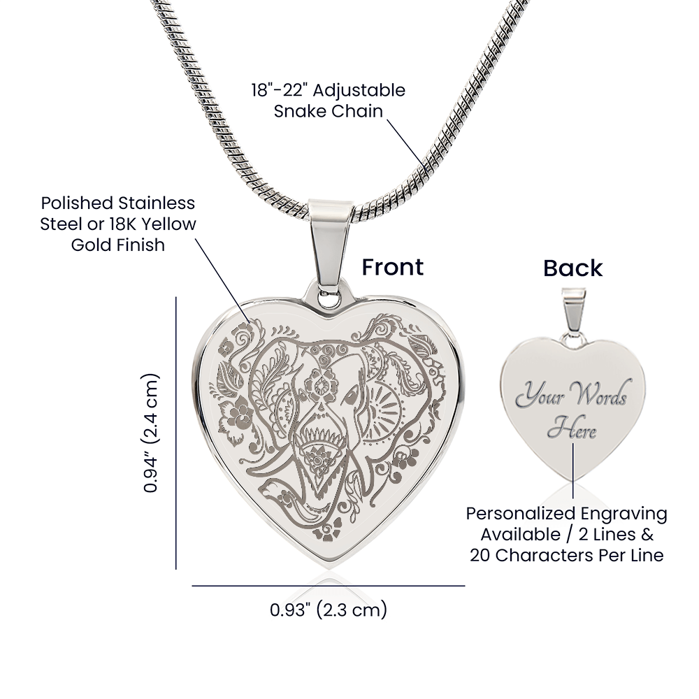 Ornate Elephant Engraved Heart Necklace