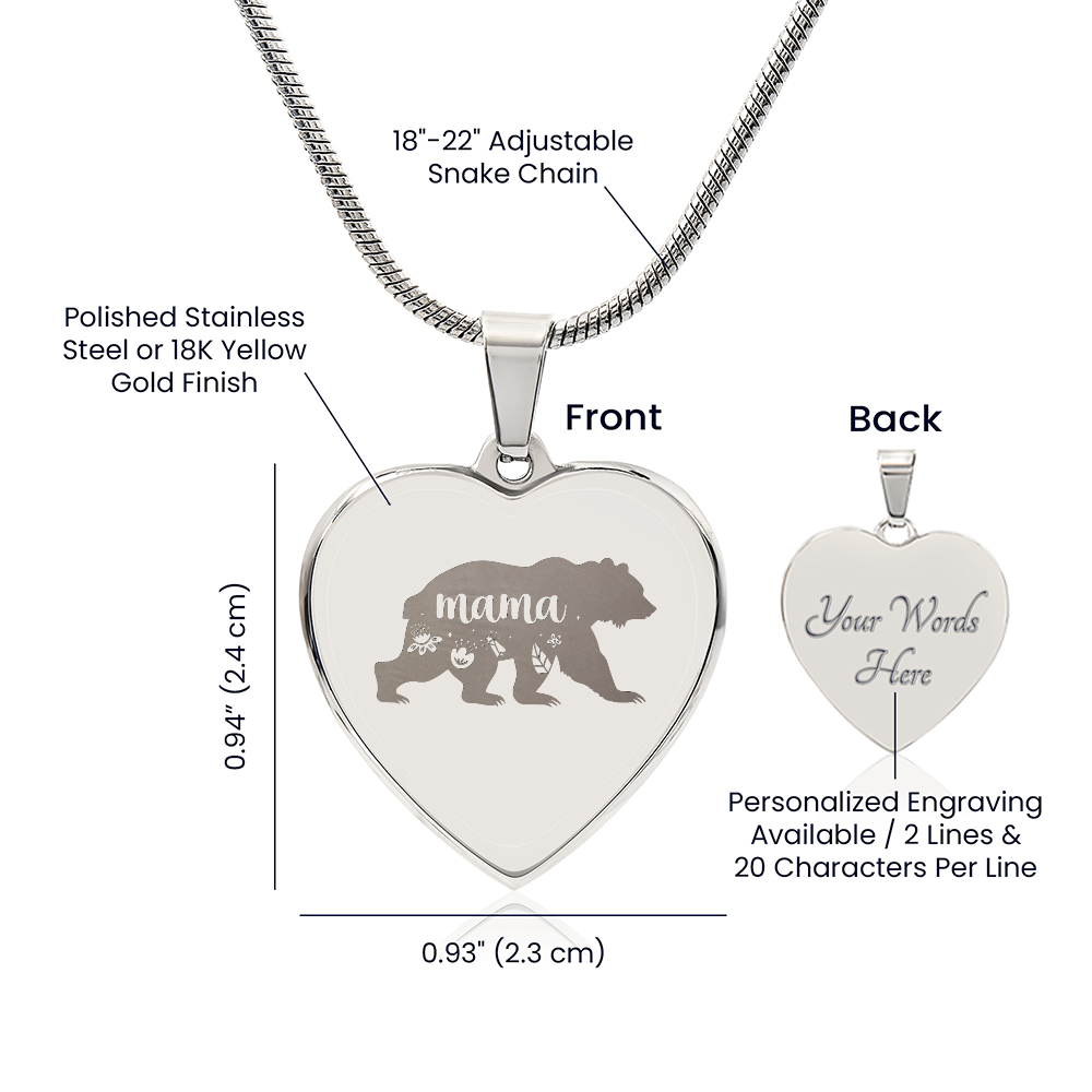 Mama Bear Engraved Heart Necklace