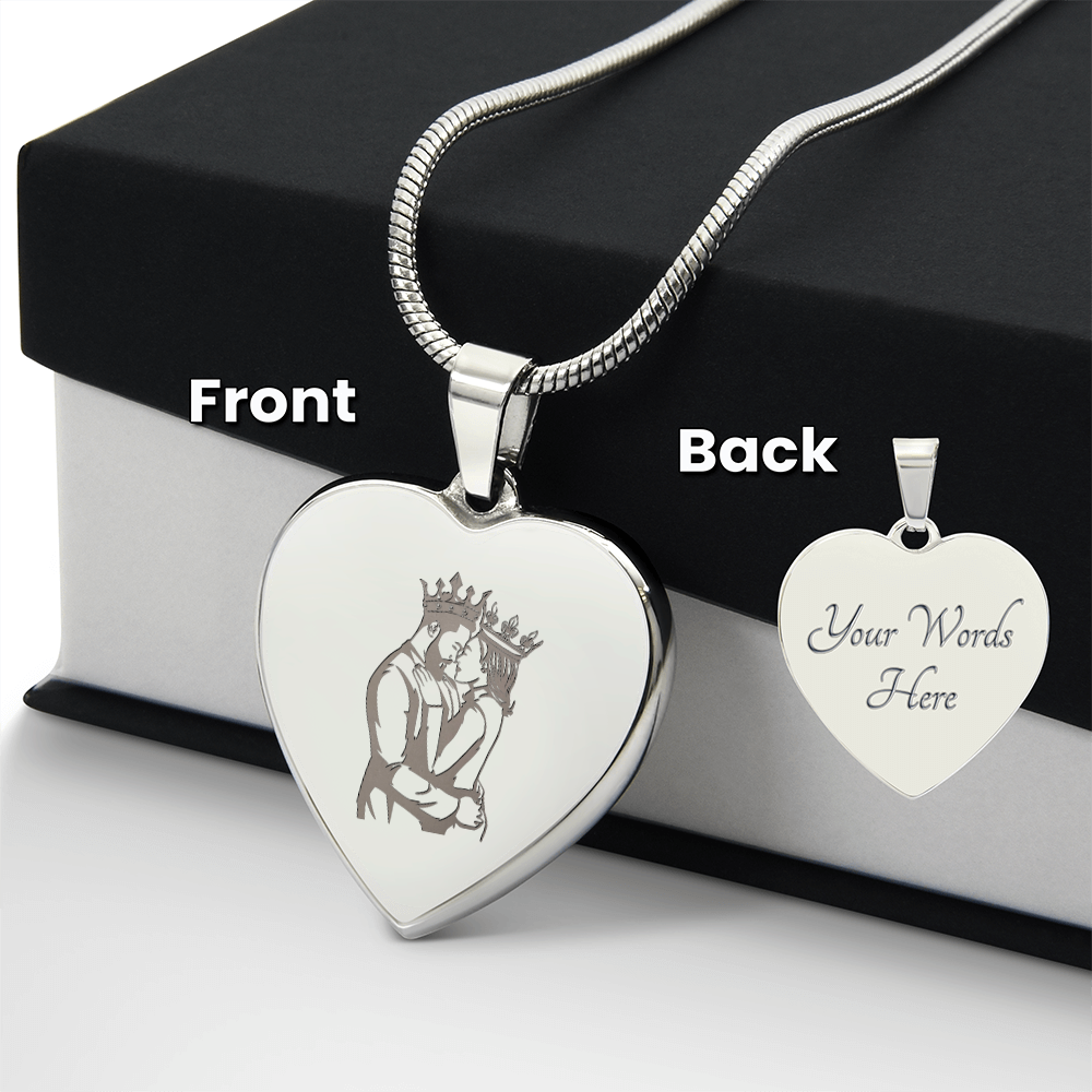 King and Queen Couple Engraved Heart Necklace