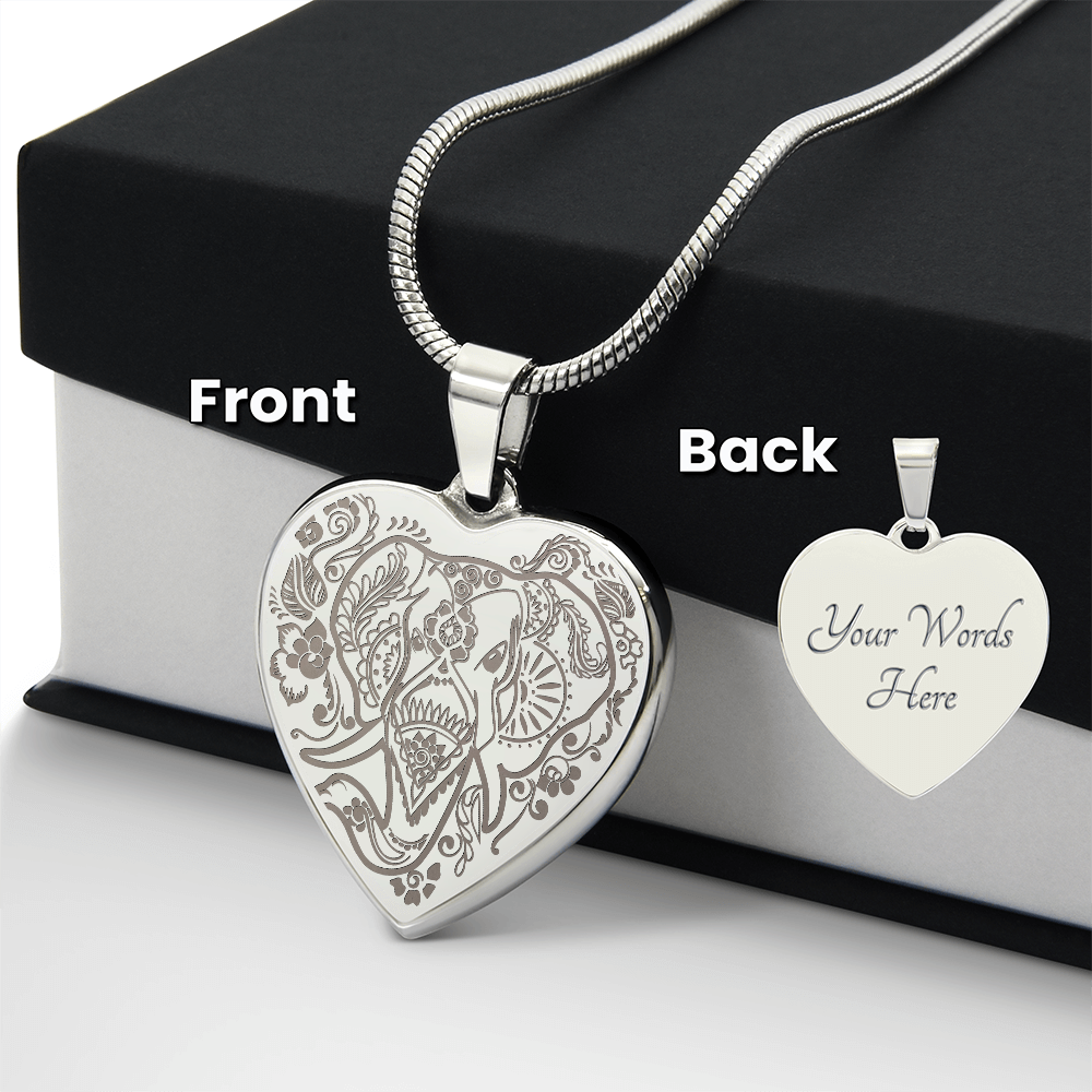 Ornate Elephant Engraved Heart Necklace