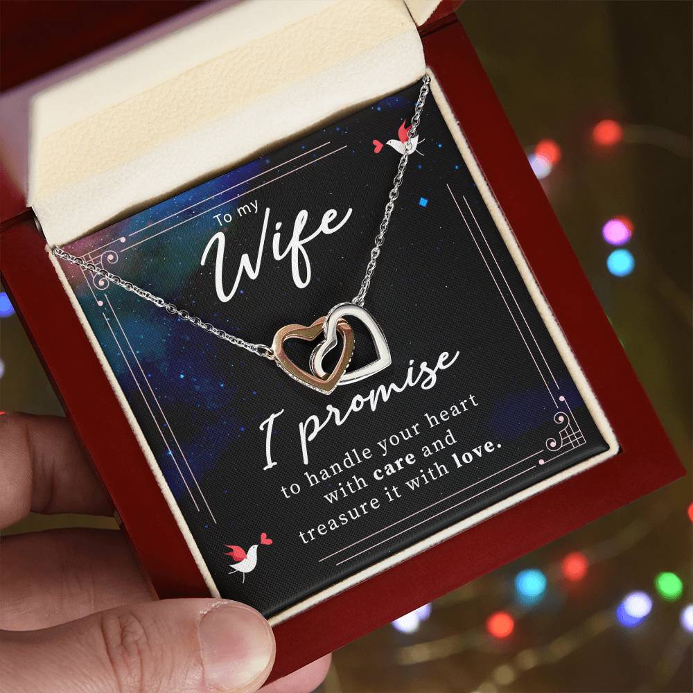 To My Wife Handle Your Heart with Care Interlocking Hearts Necklace