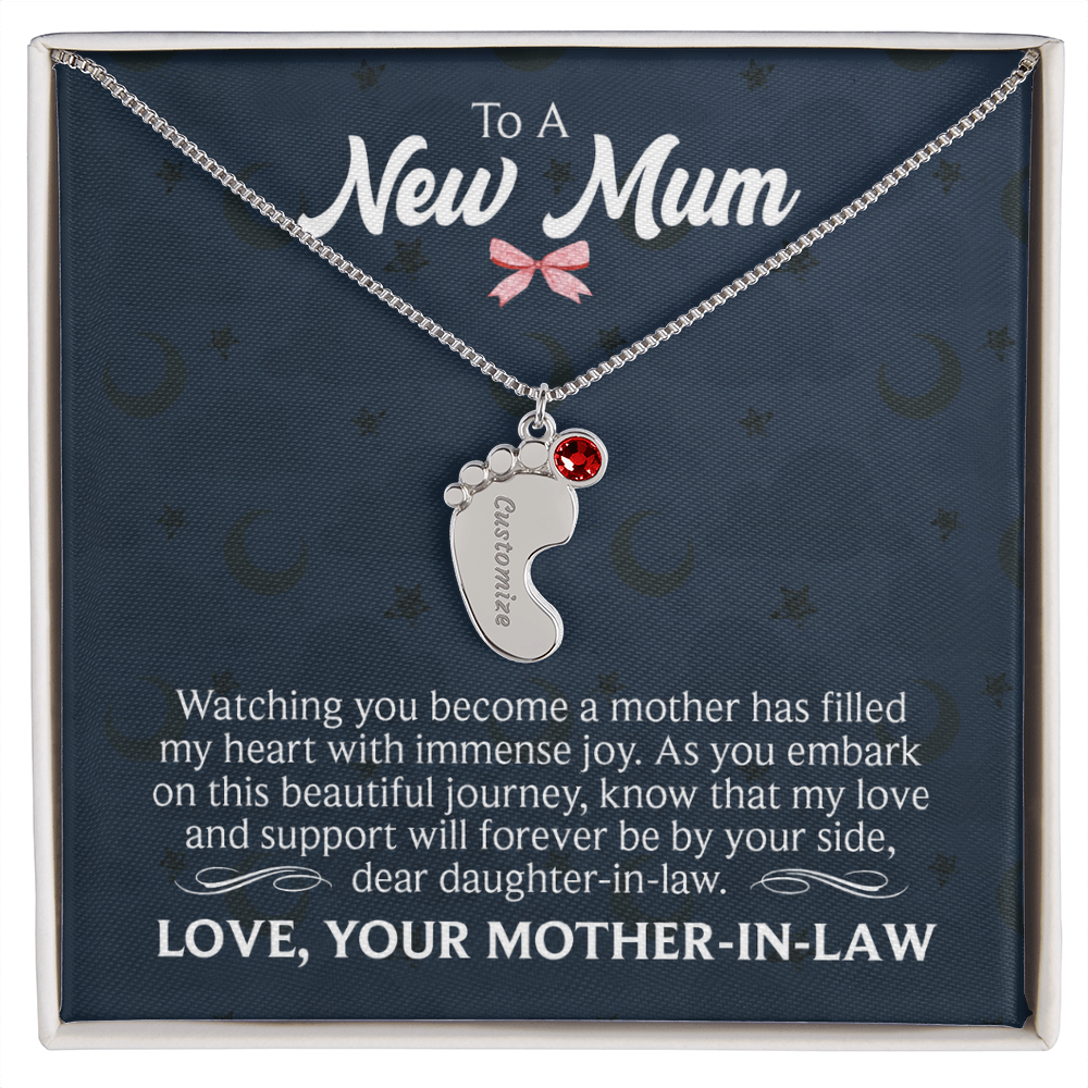 To a New Mum From Mother-in-Law Personalised Baby Feet Birthstone Necklace