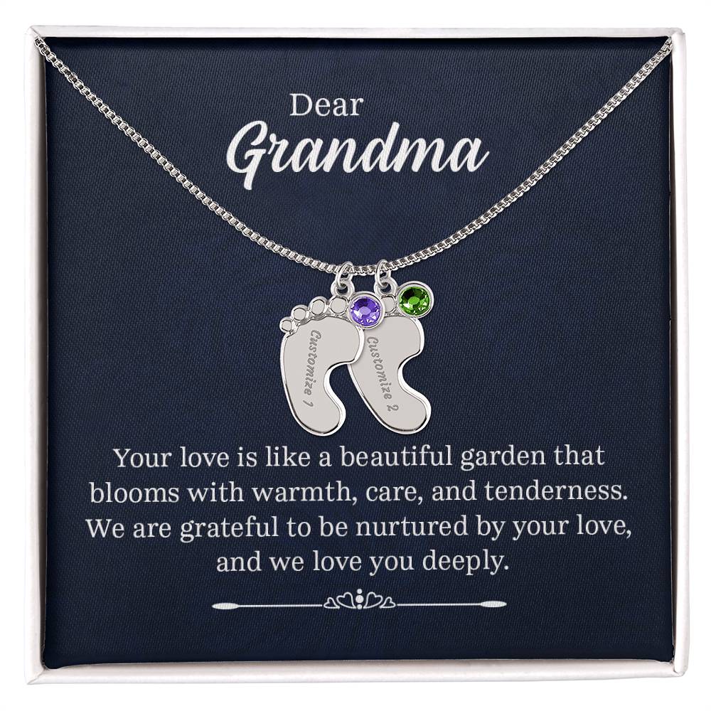 Dear Grandma Beautiful Garden Personalised Baby Feet Birthstone Necklace