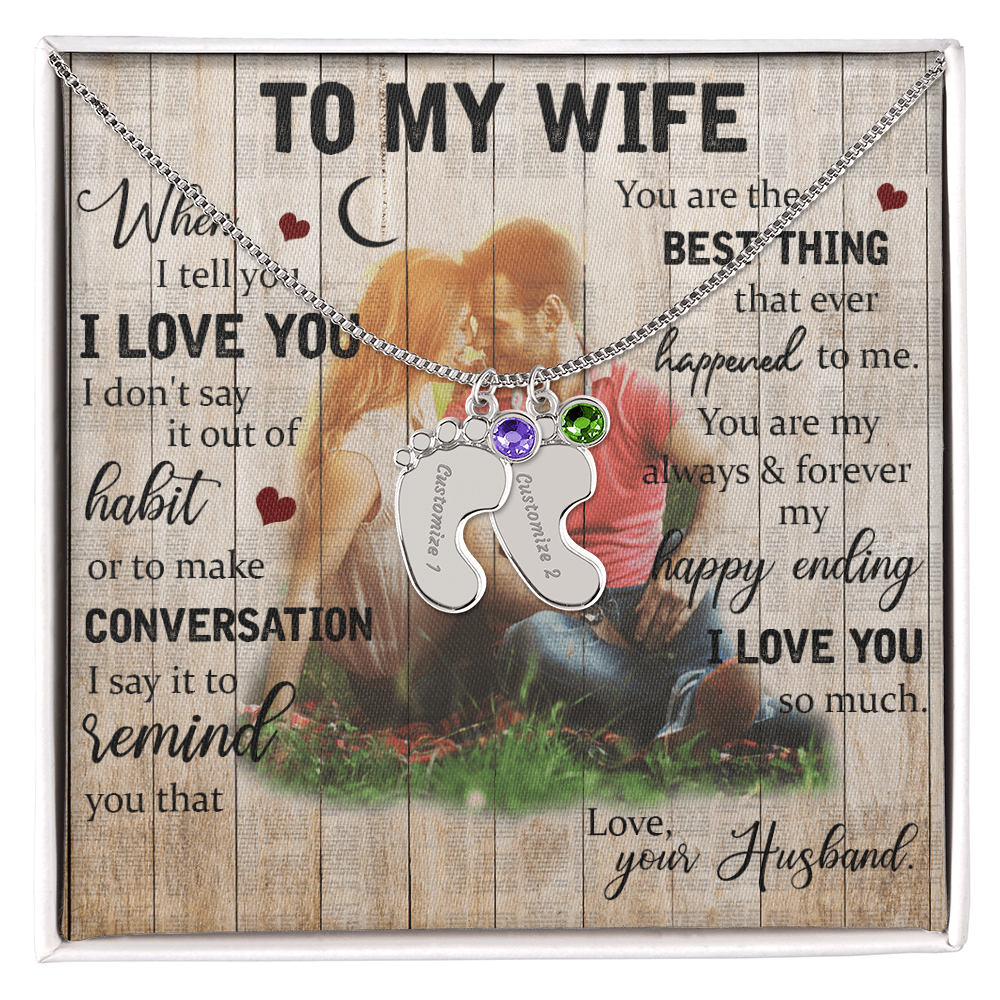 To My Wife Engraved Baby Feet Birthstone Necklace