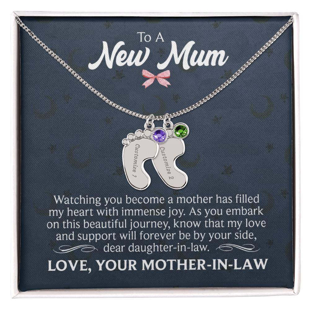 To a New Mum From Mother-in-Law Personalised Baby Feet Birthstone Necklace