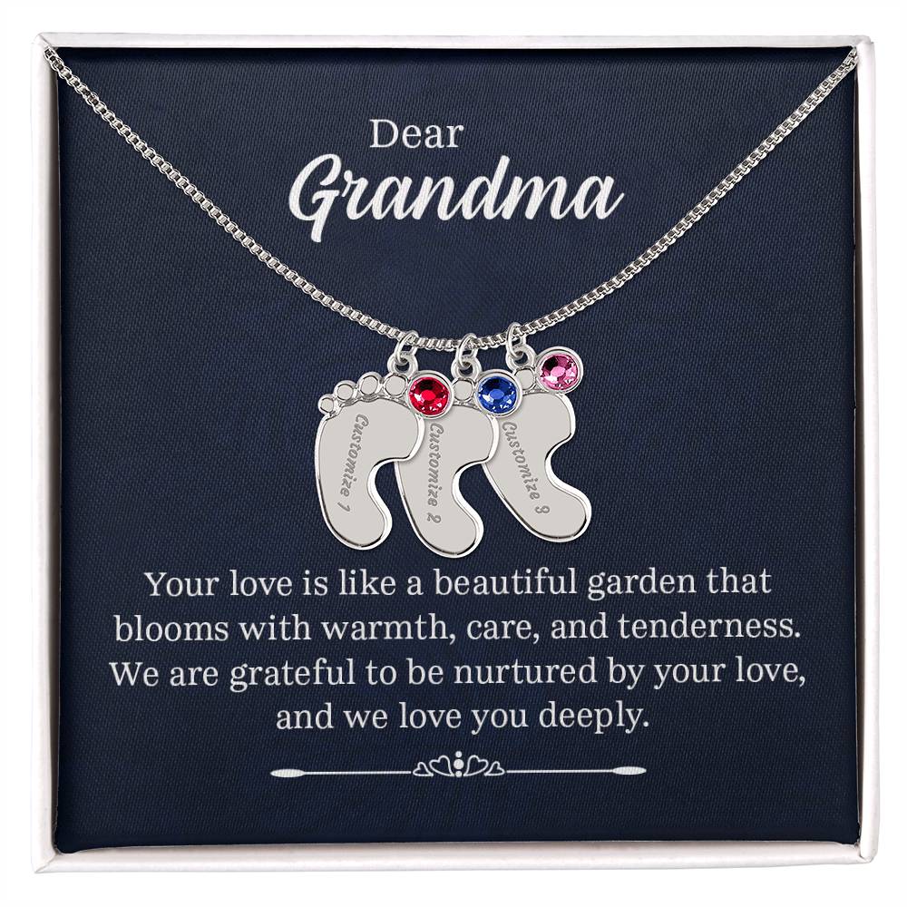 Dear Grandma Beautiful Garden Personalised Baby Feet Birthstone Necklace