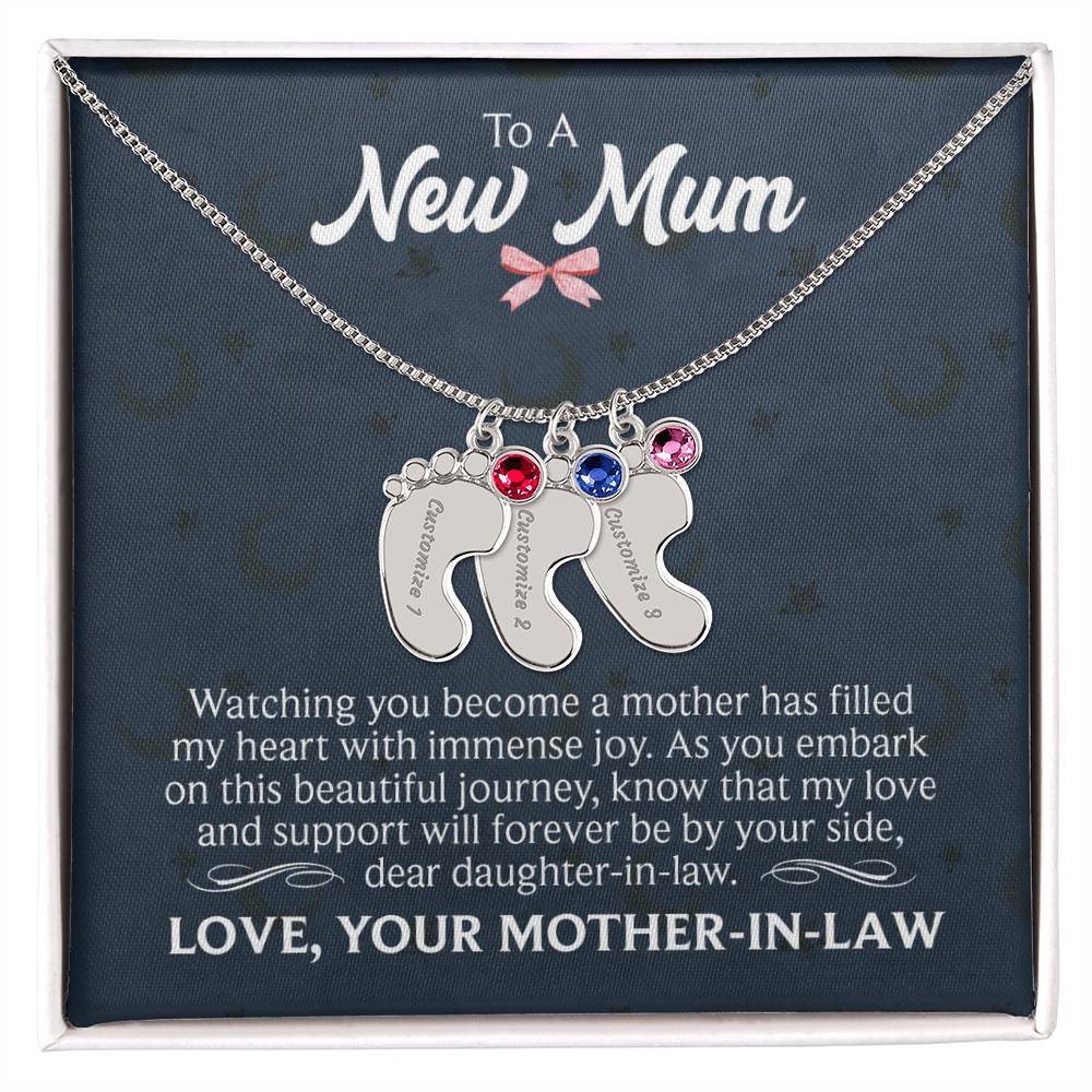 To a New Mum From Mother-in-Law Personalised Baby Feet Birthstone Necklace