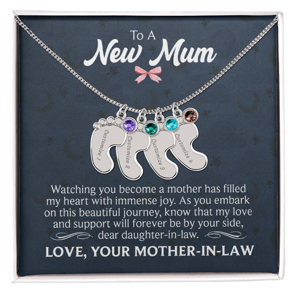 To a New Mum From Mother-in-Law Personalised Baby Feet Birthstone Necklace