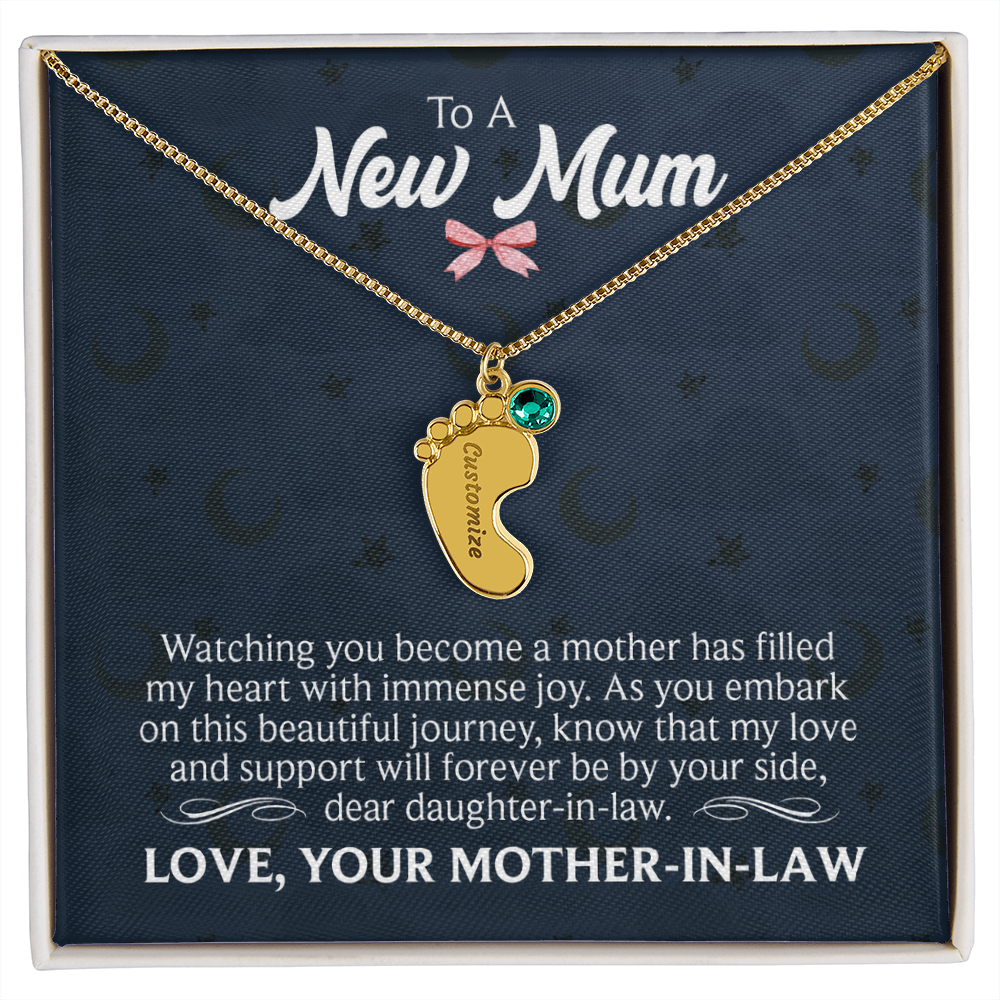 To a New Mum From Mother-in-Law Personalised Baby Feet Birthstone Necklace