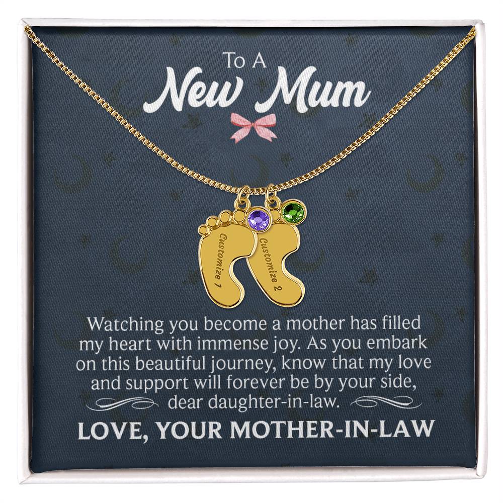 To a New Mum From Mother-in-Law Personalised Baby Feet Birthstone Necklace