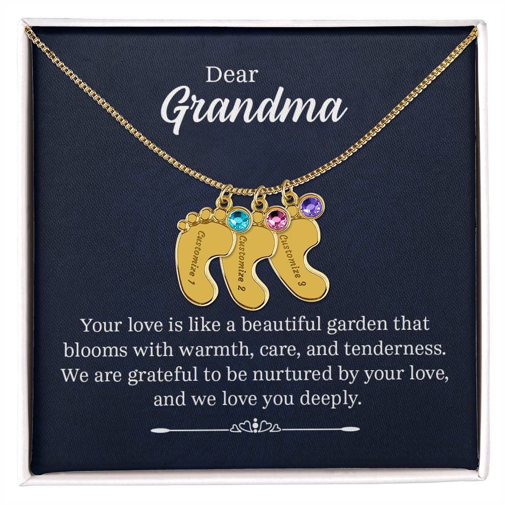 Dear Grandma Beautiful Garden Personalised Baby Feet Birthstone Necklace