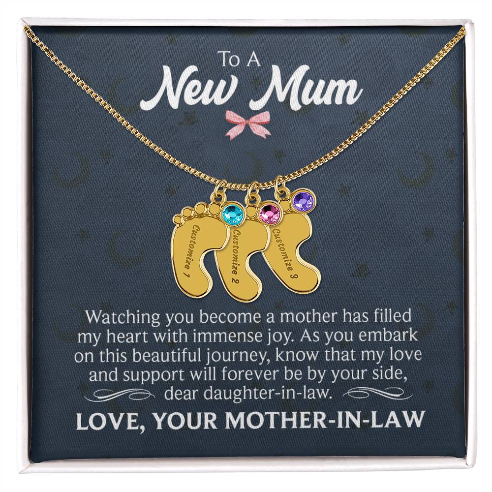 To a New Mum From Mother-in-Law Personalised Baby Feet Birthstone Necklace