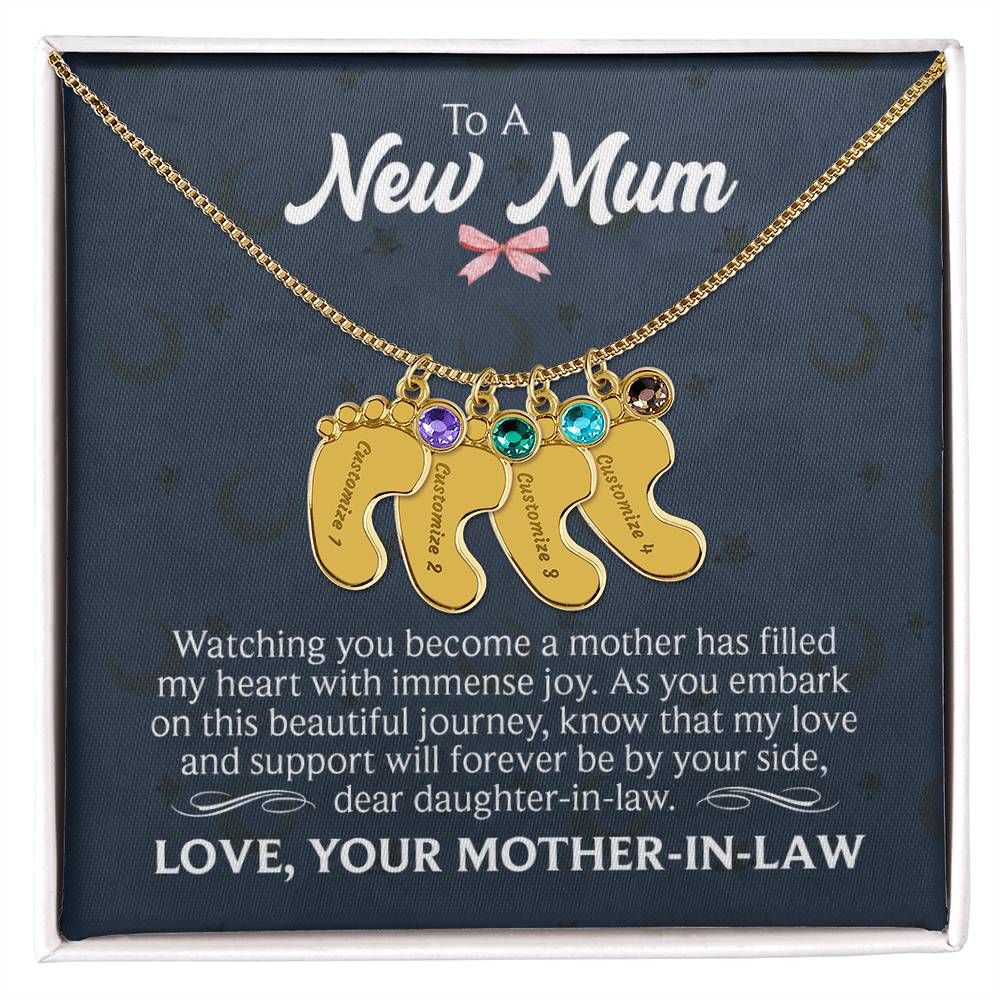 To a New Mum From Mother-in-Law Personalised Baby Feet Birthstone Necklace