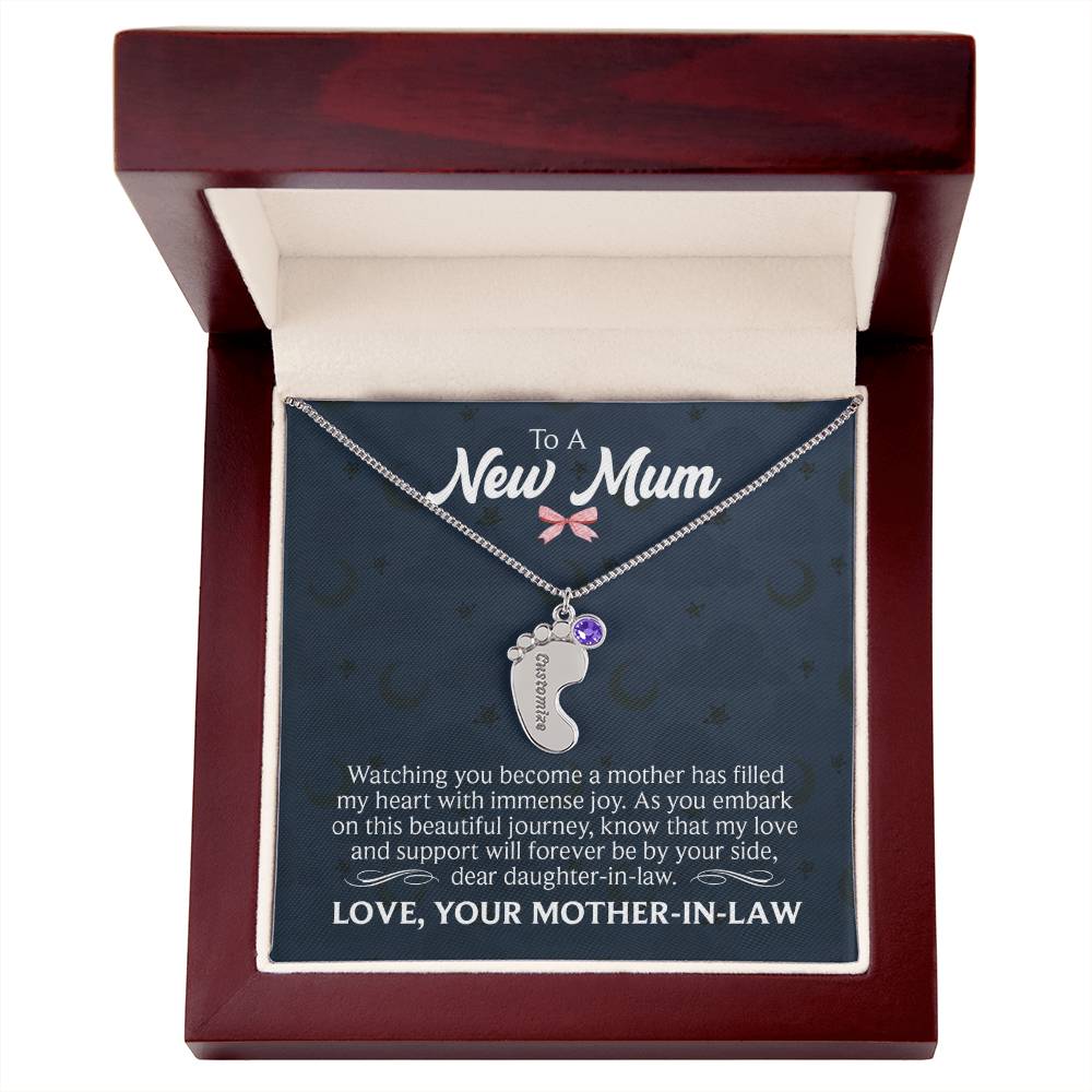 To a New Mum From Mother-in-Law Personalised Baby Feet Birthstone Necklace