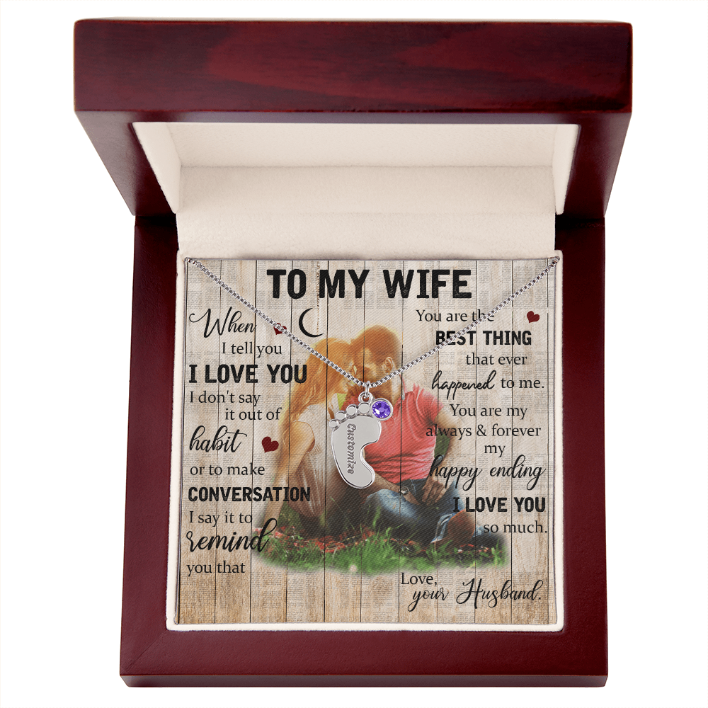 To My Wife Engraved Baby Feet Birthstone Necklace